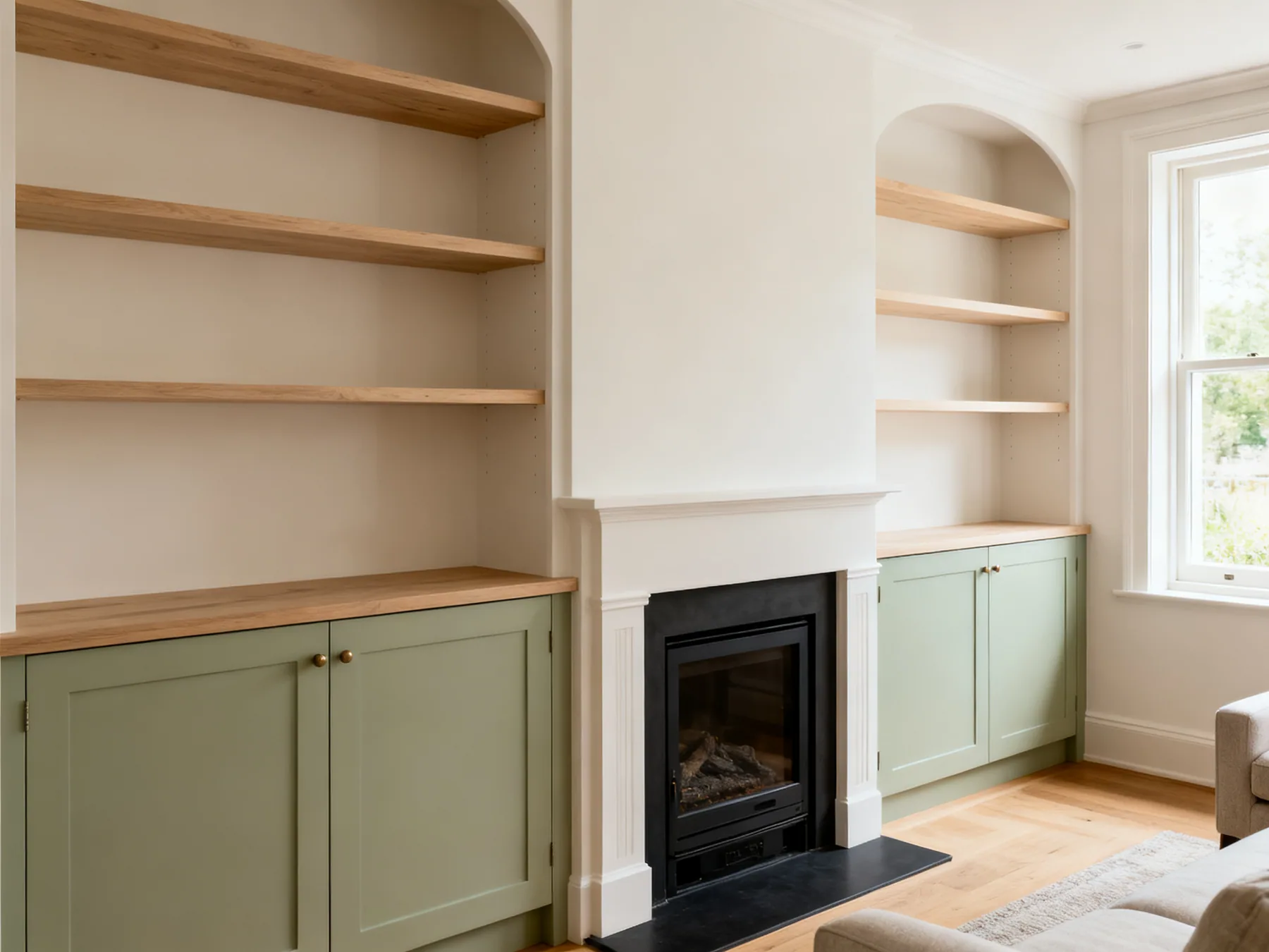 Alcoves fit cabinetry and nothing else Built-in cabinetry filling the alcoves either side of a chimney breast, closed below and shelved above