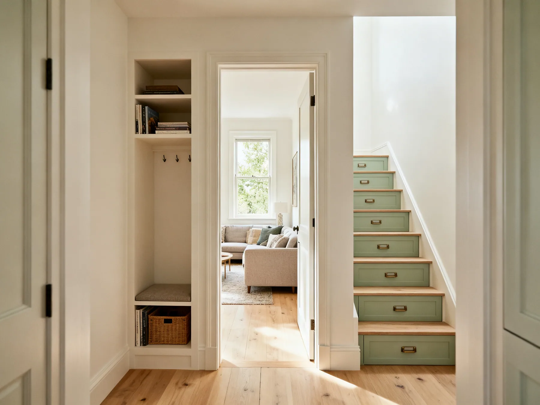 A small house has spaces a flat does not A small house hallway looking through to a living room, with built-in alcove storage and stair treads containing drawers