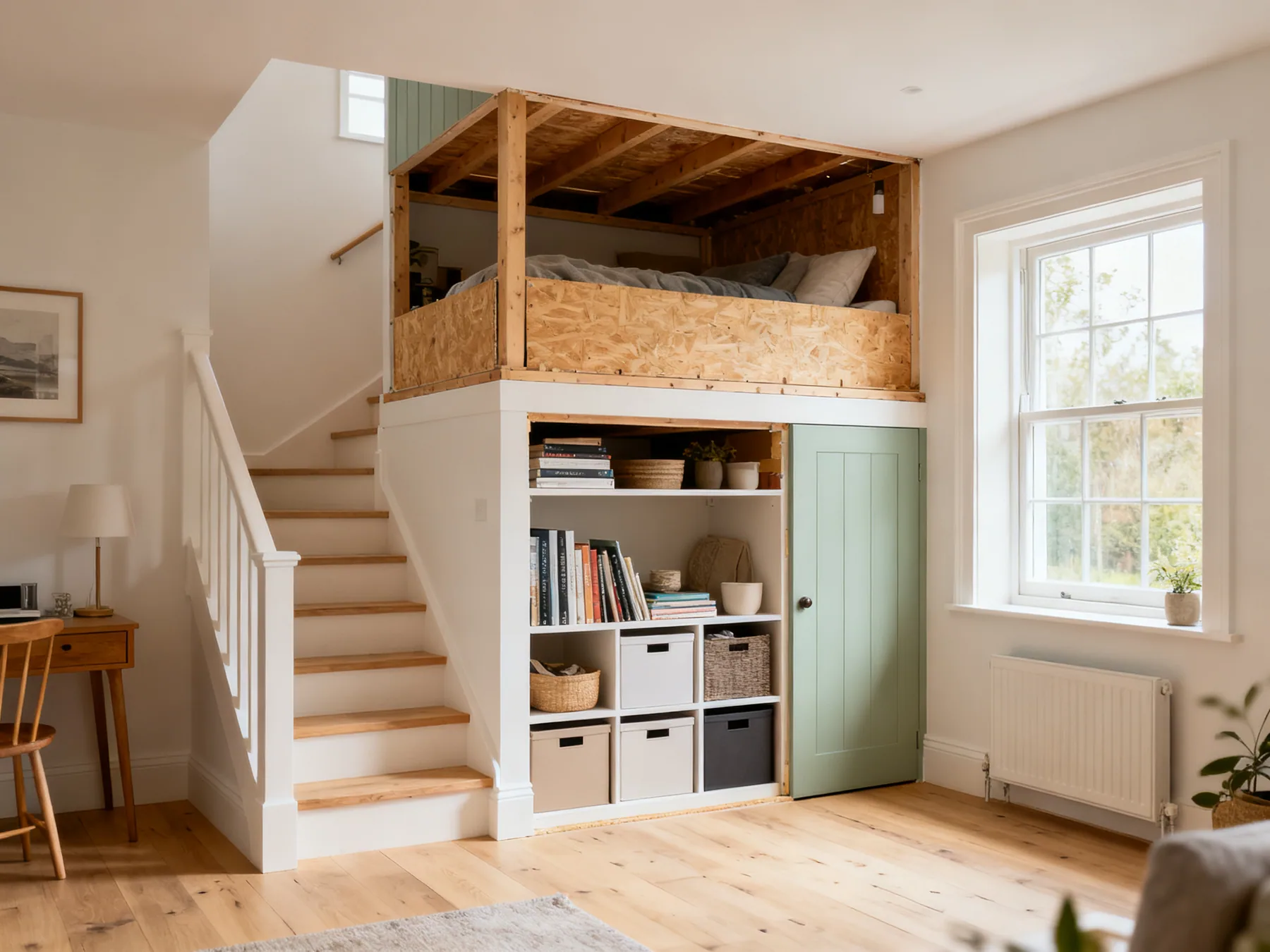 The two big wins in any small house A view of a small house showing understairs storage fitted out and a boarded loft above, both in use