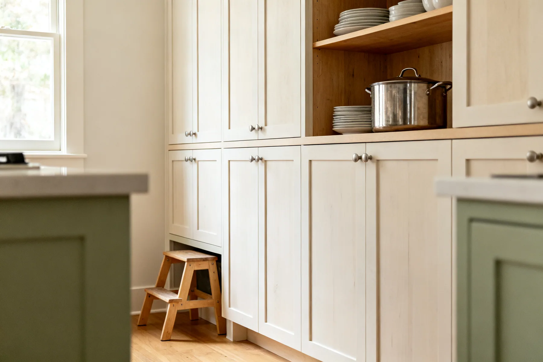The dead band above the wall units Kitchen wall cabinets extended to the ceiling with an upper tier of doors holding serving dishes and a stock pot, with a step stool tucked below