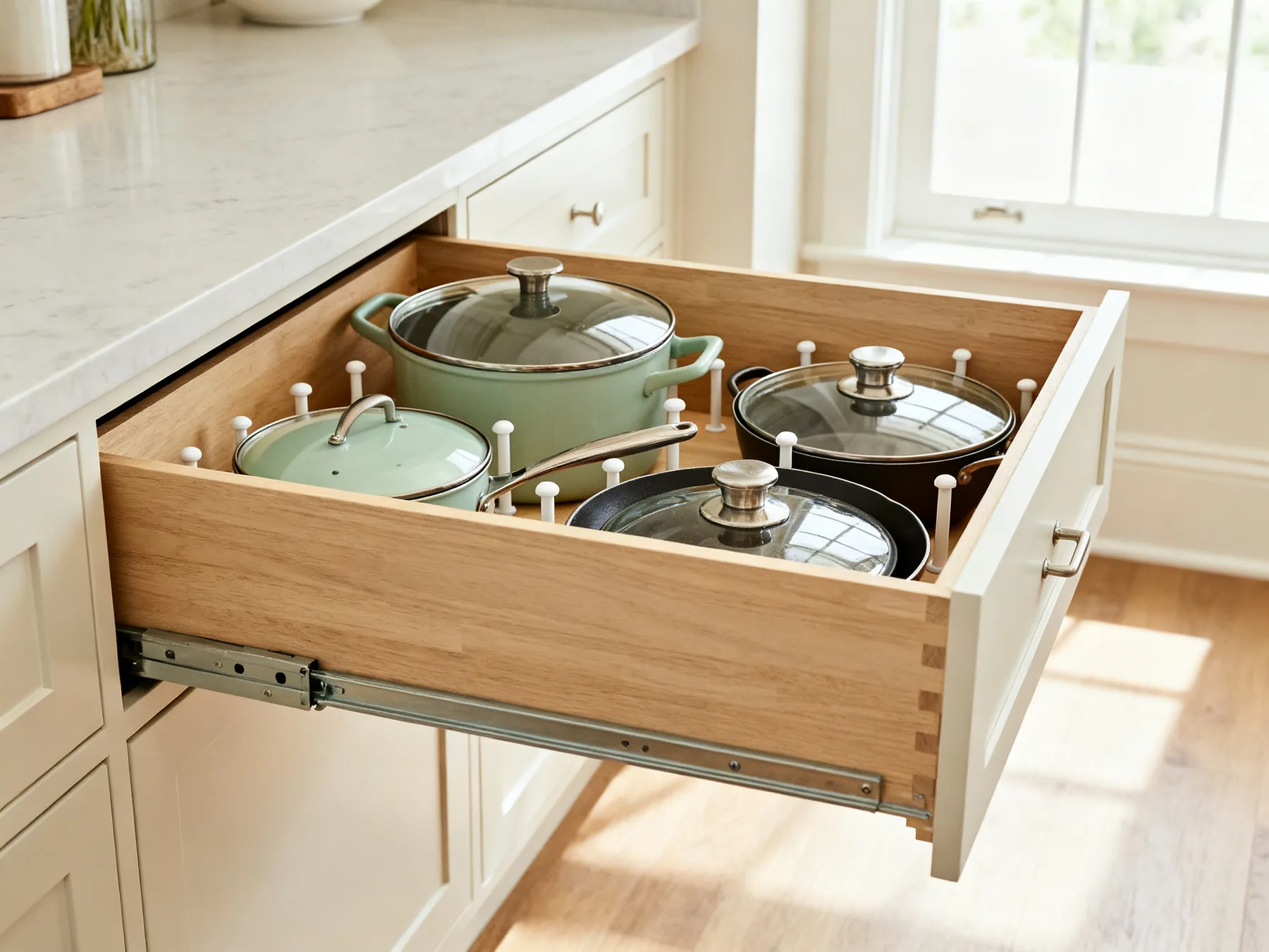 Drawers beat cupboards for anything heavy A deep kitchen drawer from above divided with adjustable pegs, holding pans and lids standing on edge so each is individually visible