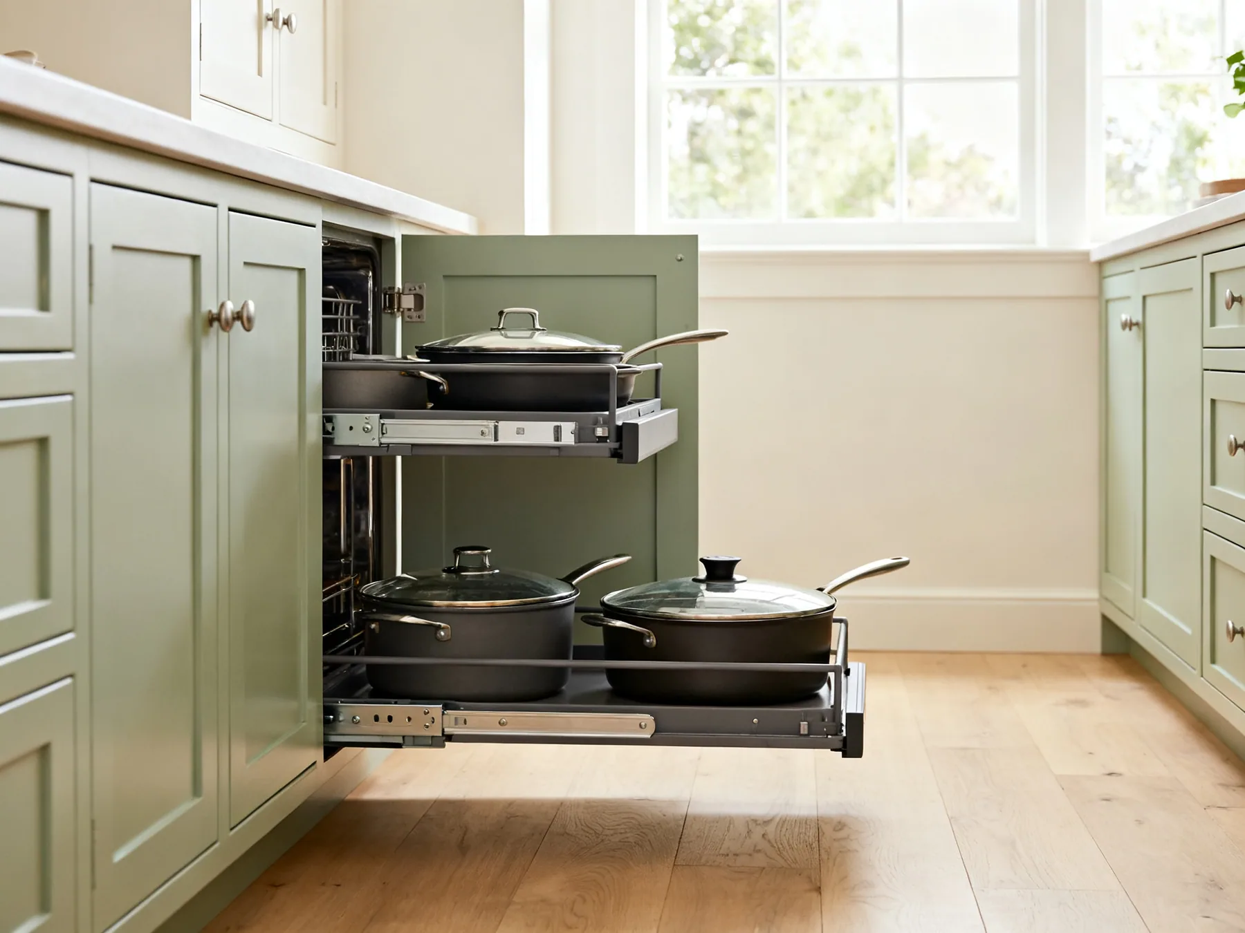 The corner cabinet is where storage goes to die A corner pull-out mechanism swung out of a kitchen base cabinet carrying pans and lids on two tiers