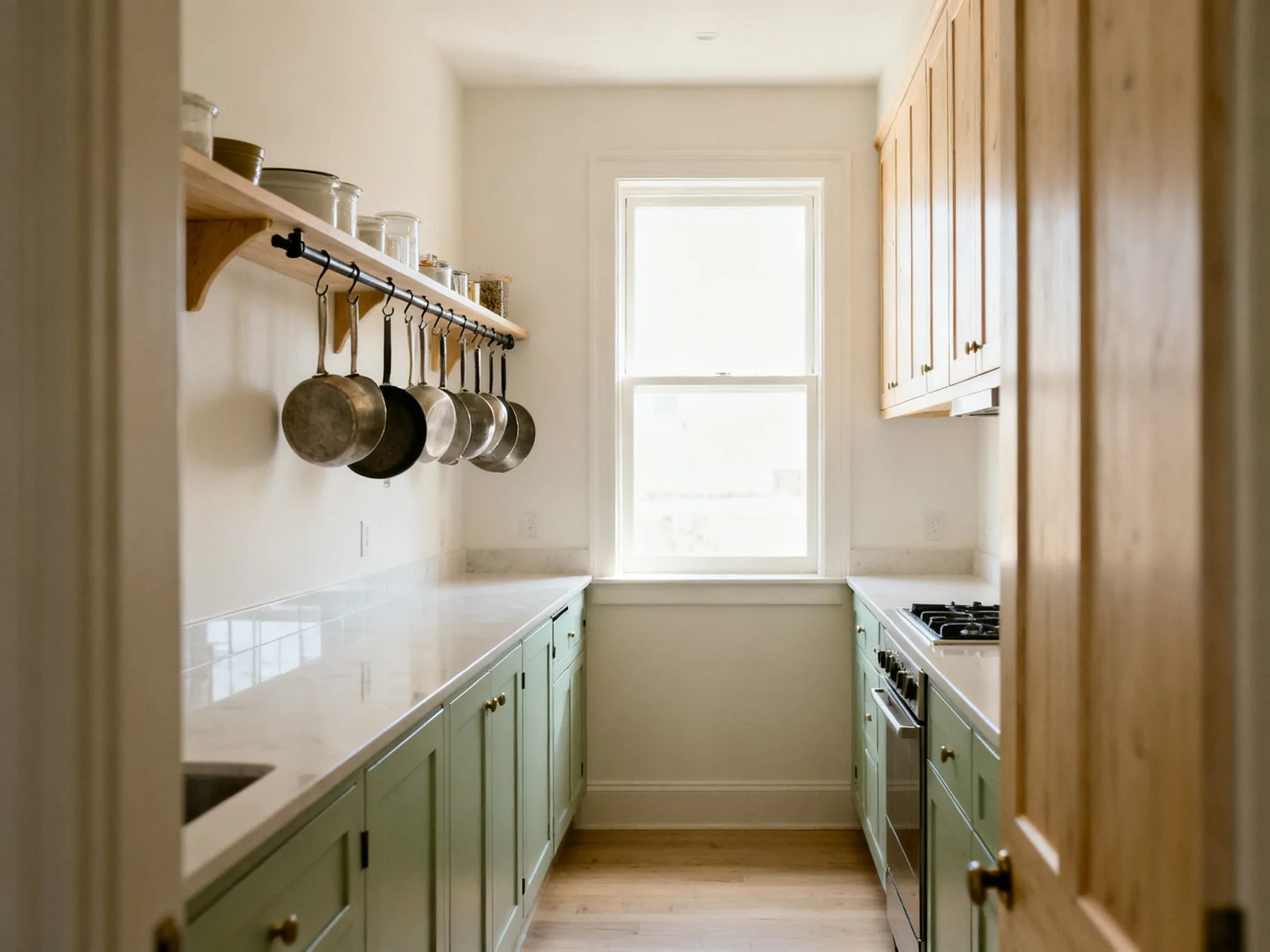A small kitchen is won on the walls and the counter A narrow galley kitchen with wall cabinets taken to the ceiling, a rail of hanging utensils above the worktop and completely clear counters