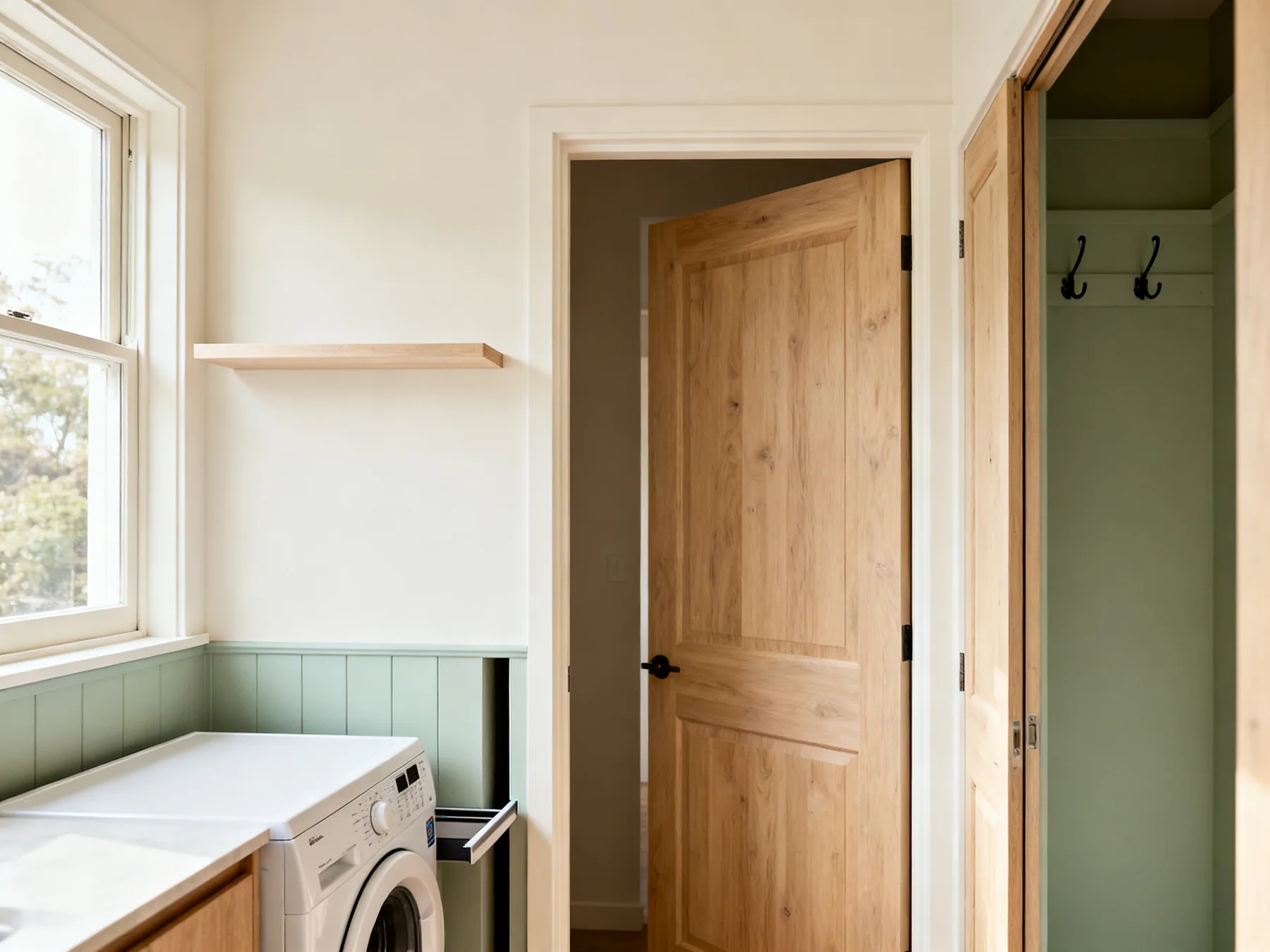 The dead space audit, in one frame Three overlooked spaces in use: a shelf on the strip of wall above a door frame, a slim pull-out in the gap beside a washing machine, and a hook rack on the back of the open door