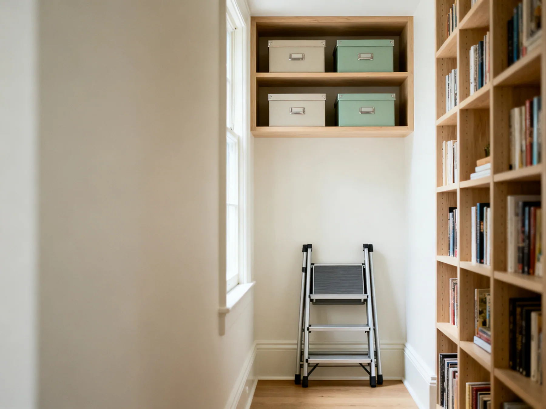 Shelving stopping at 1.8m wastes a quarter of itself A narrow room with bookshelving taken up to the ceiling, the top two shelves holding lidded boxes, and a folded step stool against the skirting below