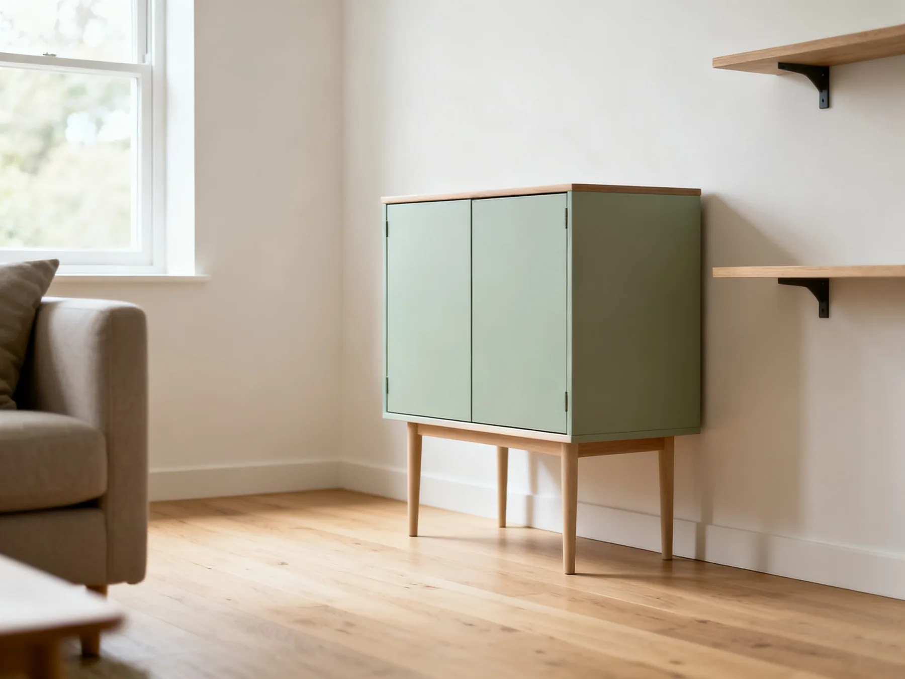 Visible floor is what keeps a small room open A small living room with a sideboard raised on slender legs so the floor shows continuously underneath, and a wall-mounted shelf leaving the floor clear