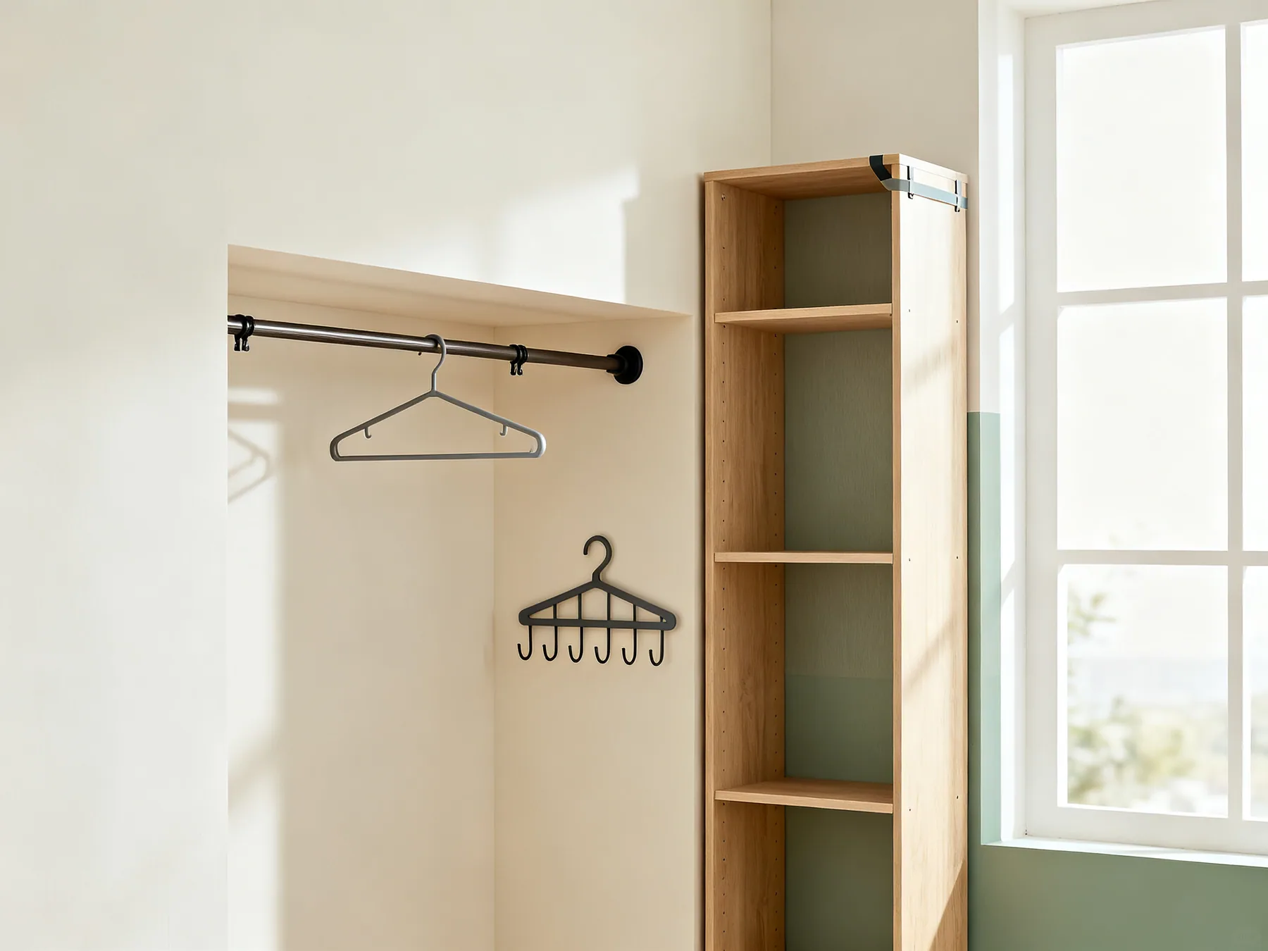 Full capacity, not one hole drilled A rented studio corner with a tension rod across an alcove carrying a clothes rail, an over-door hook rack, and a tall freestanding shelving unit with an anti-tip strap at the top