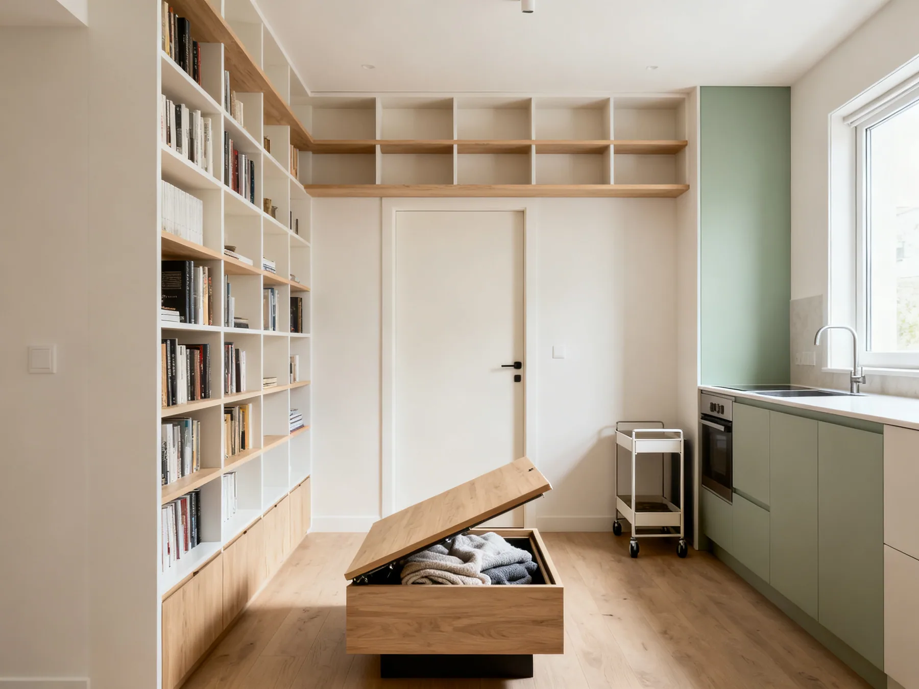 Small space storage that uses height and dual-purpose furniture A compact studio flat with shelving taken to the ceiling, a continuous high shelf above the door head, a lift-top coffee table open to show blankets stored inside, and a slim rolling cart in a narrow gap