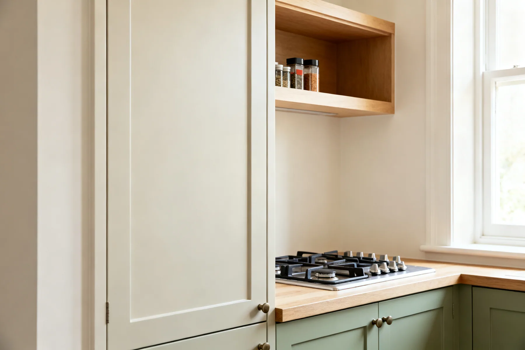 Never store spices above the hob A closed kitchen cupboard beside a hob, with the open shelf directly above the hob deliberately empty