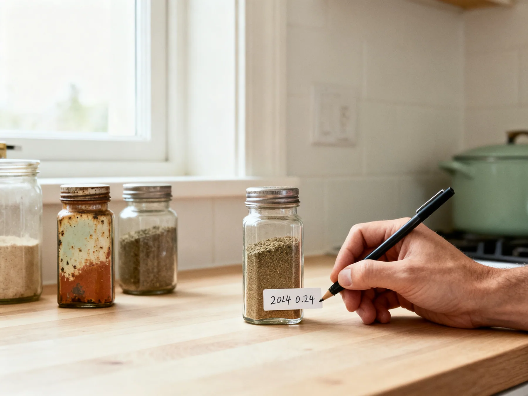 Ground spices fade in about a year A hand writing a date on a label on the base of a spice jar, beside other jars including one faded with age