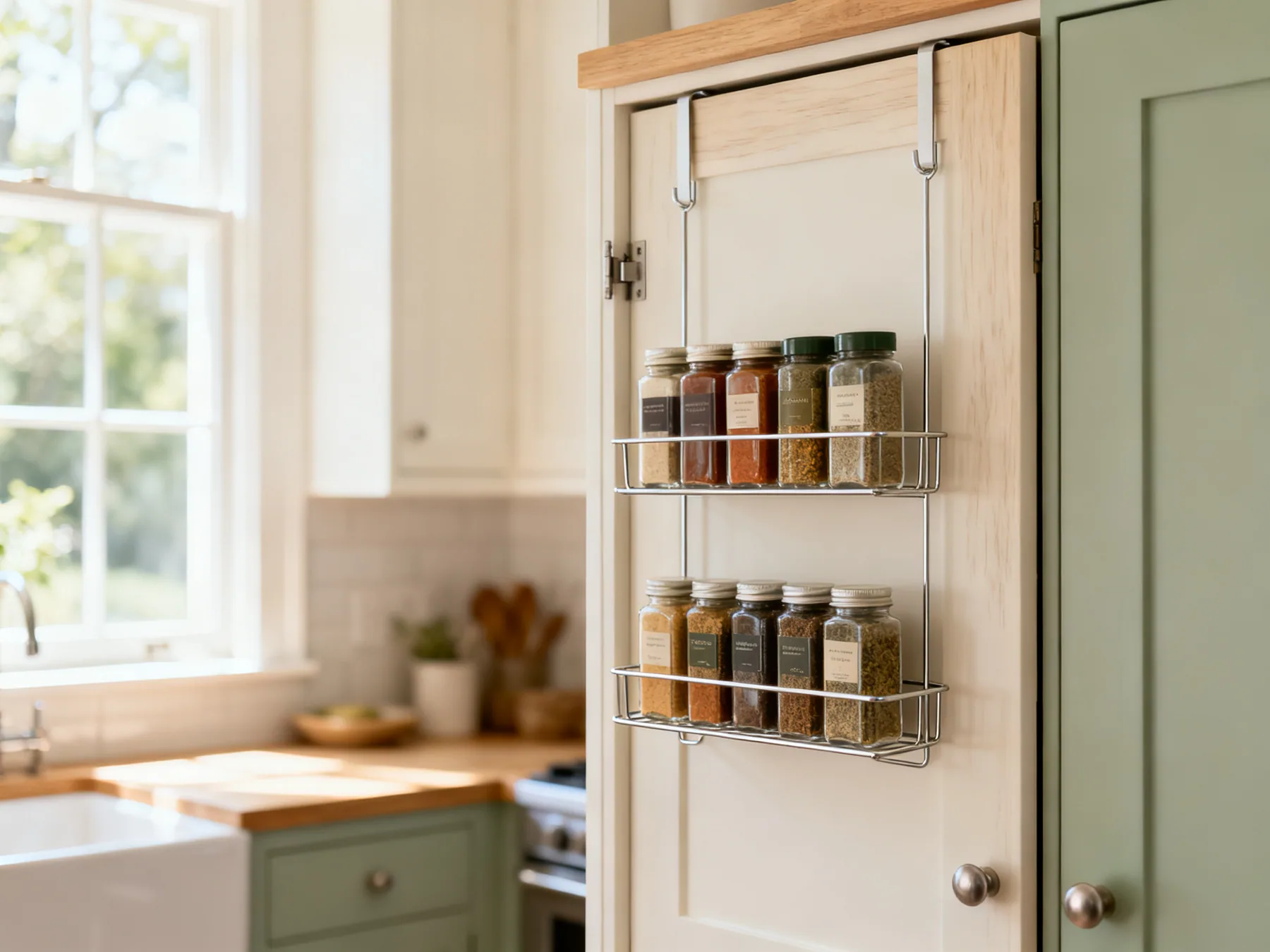 The door holds a whole collection Slim tiered wire racks on the inside of a kitchen cupboard door holding two rows of spice jars