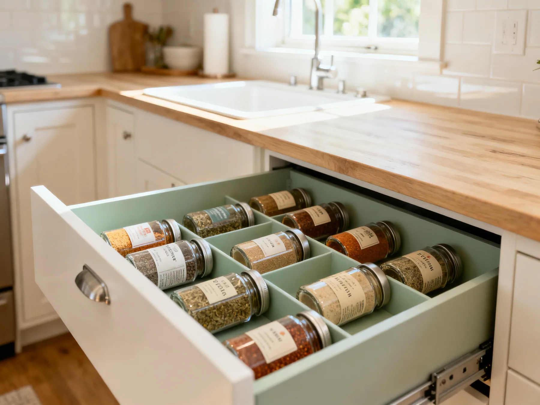 A drawer shows every label at once A shallow kitchen drawer from above with spice jars lying in a tiered insert, every label readable from above