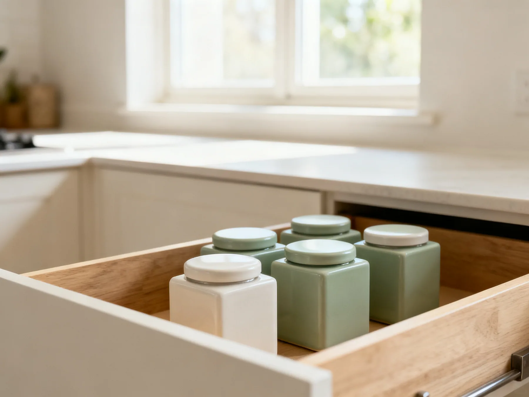 Label the lid and the front Matching square spice jars labelled on both the lid and the front, arranged in a shallow drawer