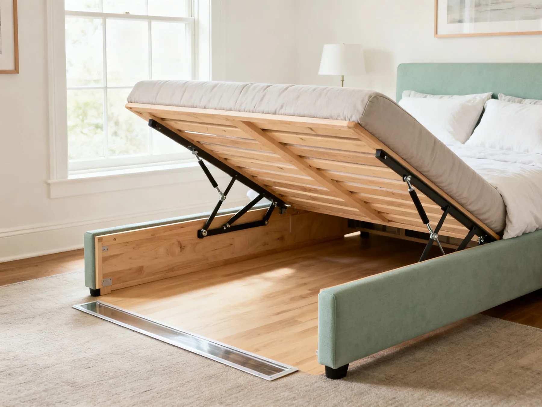 An end-lift ottoman needs about 700mm at the foot An ottoman bed lifted open from the foot end on gas struts, with the clear strip of floor at the foot of the bed that the base needs to swing up