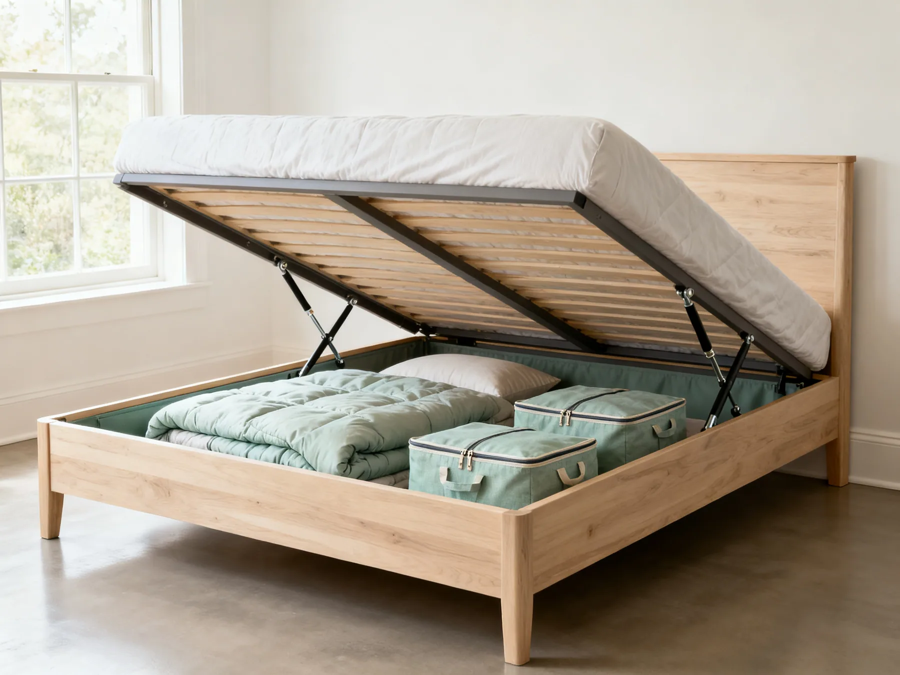 An ottoman bed opened to show the full under-bed volume A double ottoman bed with the mattress base lifted on gas struts, showing the whole under-bed volume holding a folded spare duvet, pillows and two fabric zip bags