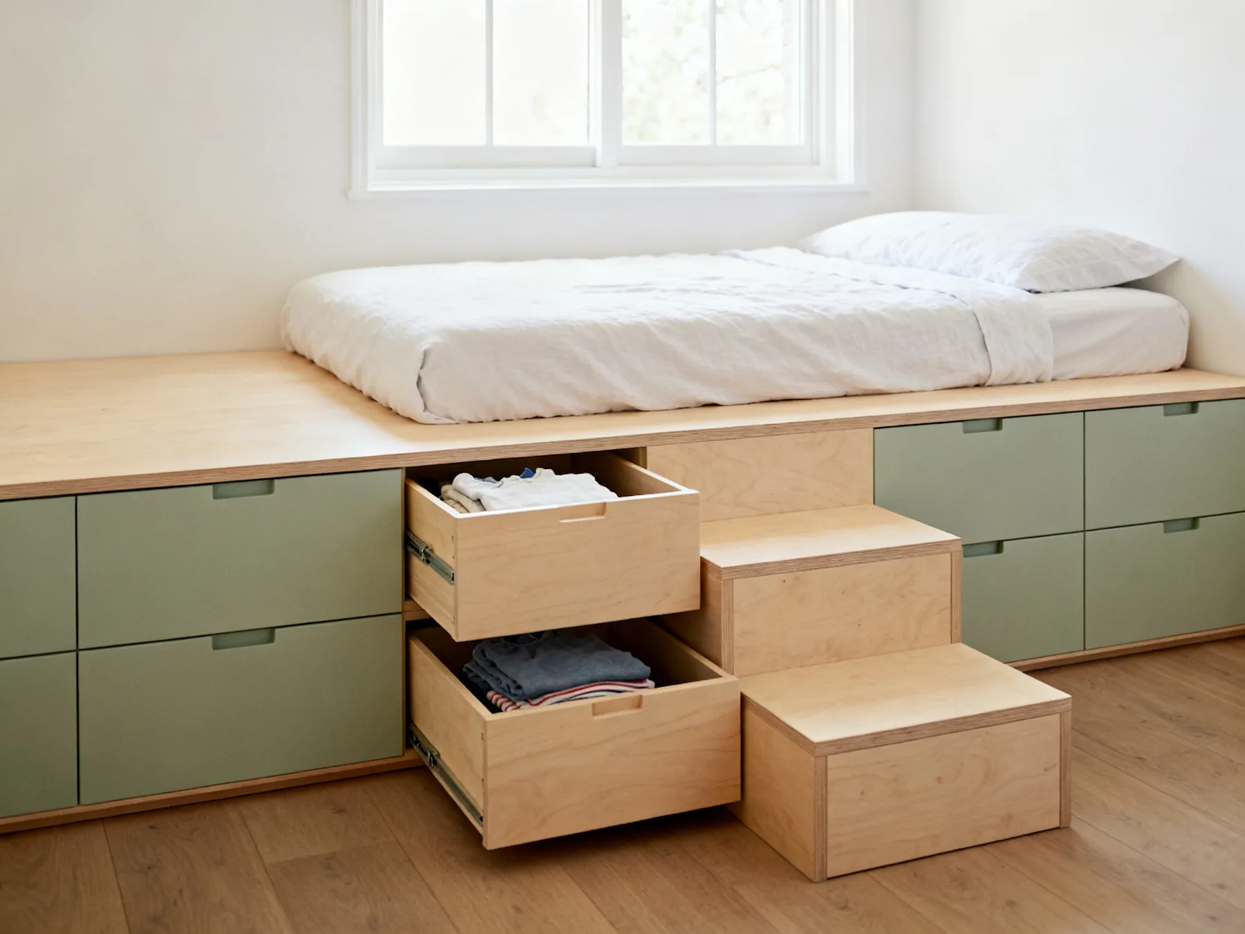 A platform turns the whole footprint into storage A bed raised on a platform built from wide drawer units with two drawers open showing folded clothing, and two steps up to the mattress that are themselves drawers