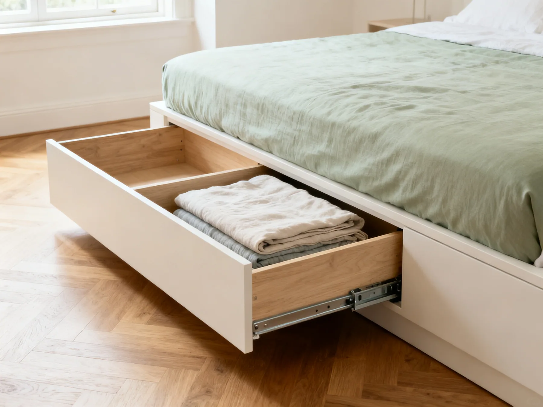 Drawers open without clearing the bed A divan bed with two base drawers, one pulled fully open on full-extension runners showing folded bed linen, with clear floor beside the bed