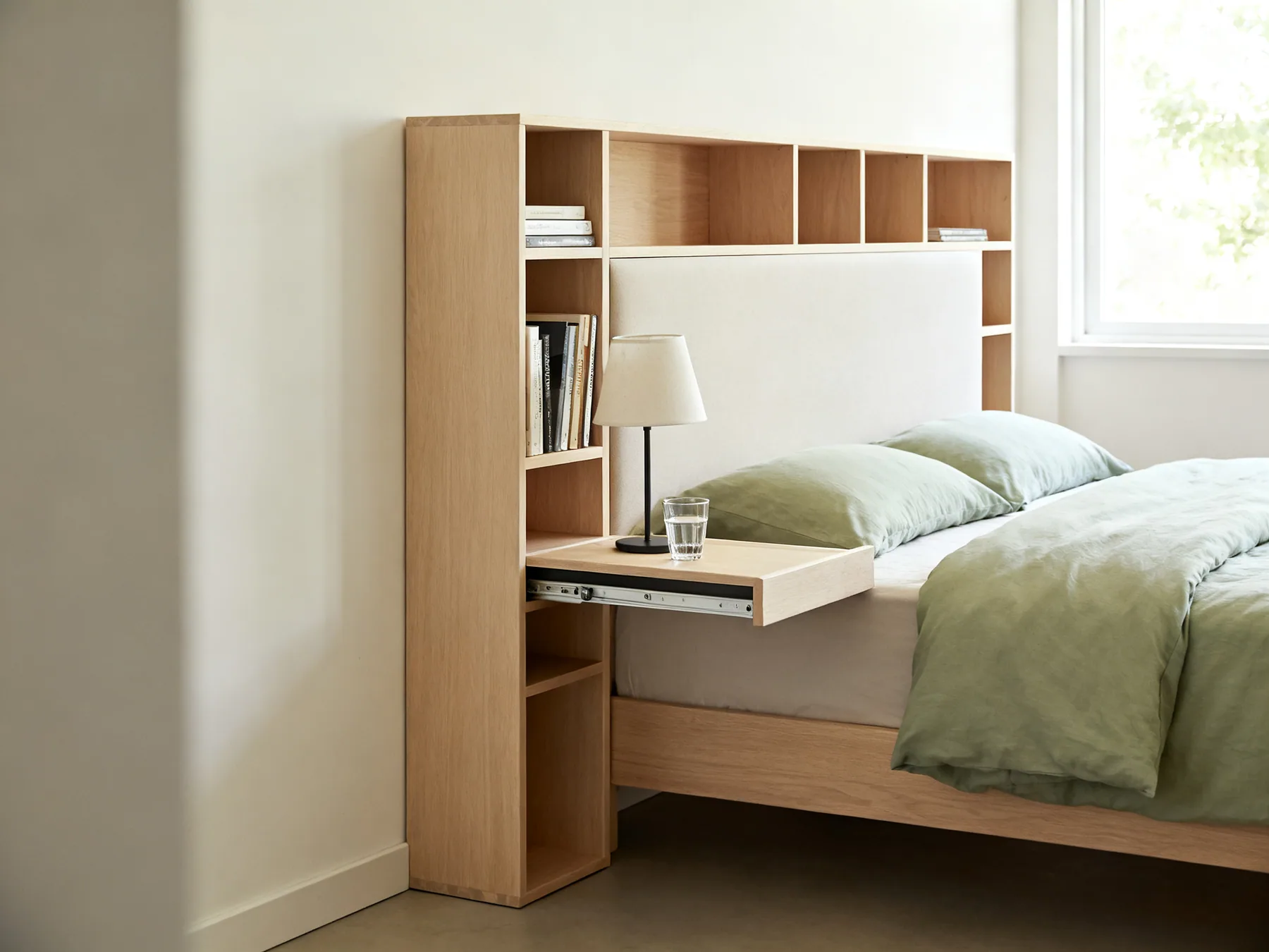 A storage headboard replaces both nightstands A bed with a tall storage headboard containing shallow open cubbies and a sliding panel holding books, a glass and a lamp, with no bedside tables and clear floor either side