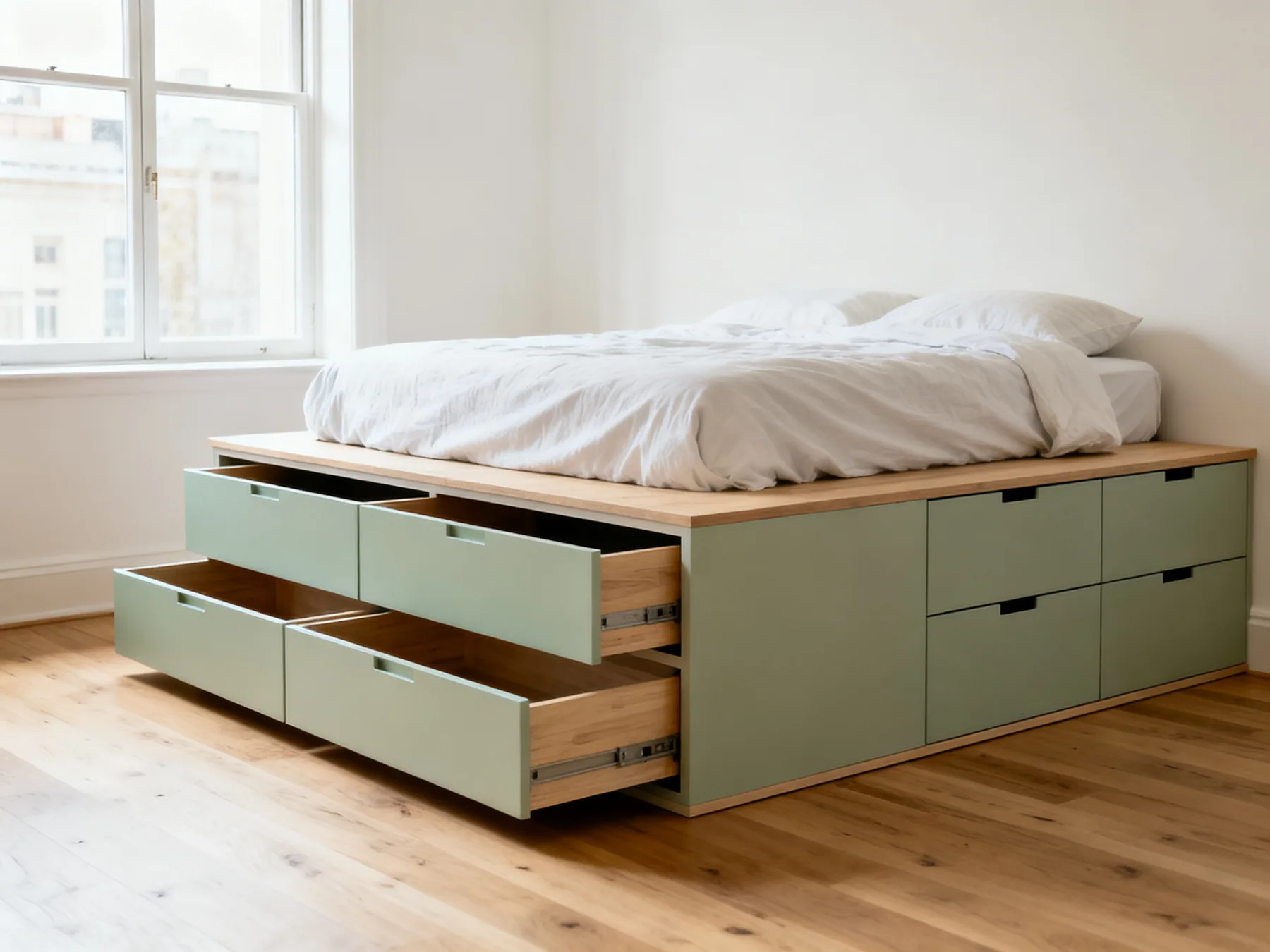The bed is a third of the room, so use it A studio apartment bed raised on a platform of drawers with steps that are also drawers, converting the bed footprint to storage