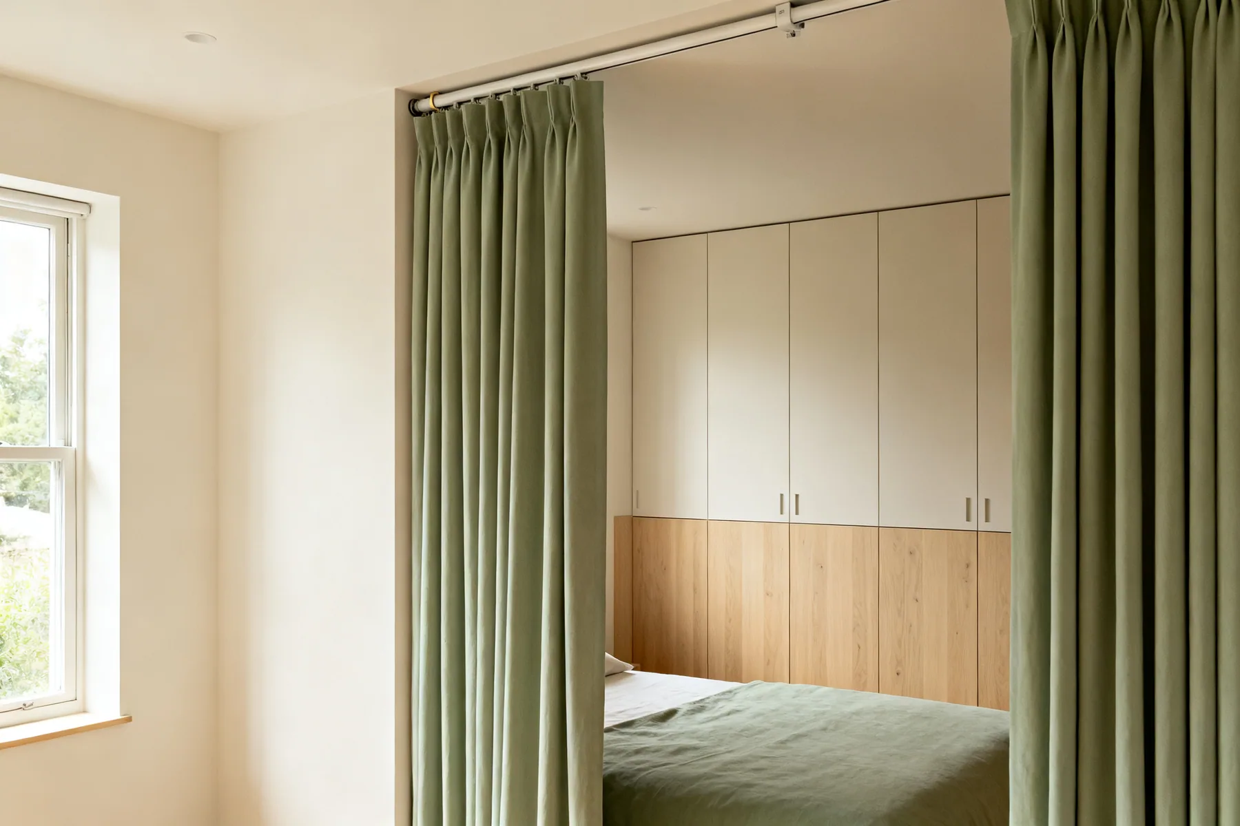 Screen the bed, close the storage A studio with a curtain track drawn partly across to screen the sleeping area and closed storage cupboards along the wall behind