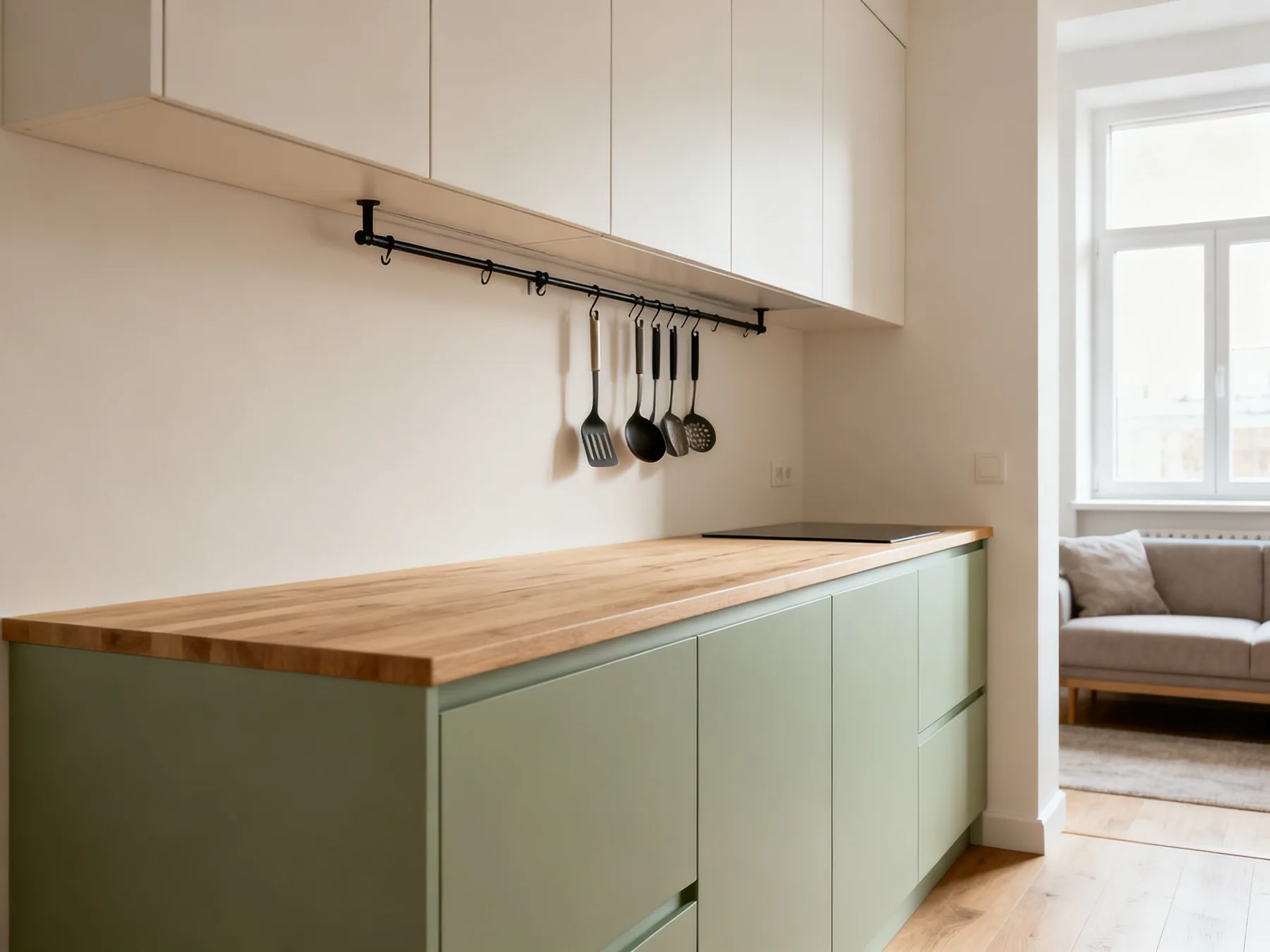 A studio kitchen is on show permanently A compact studio kitchenette with a rail of hanging utensils, cabinets to the ceiling and a clear worktop adjoining the living space