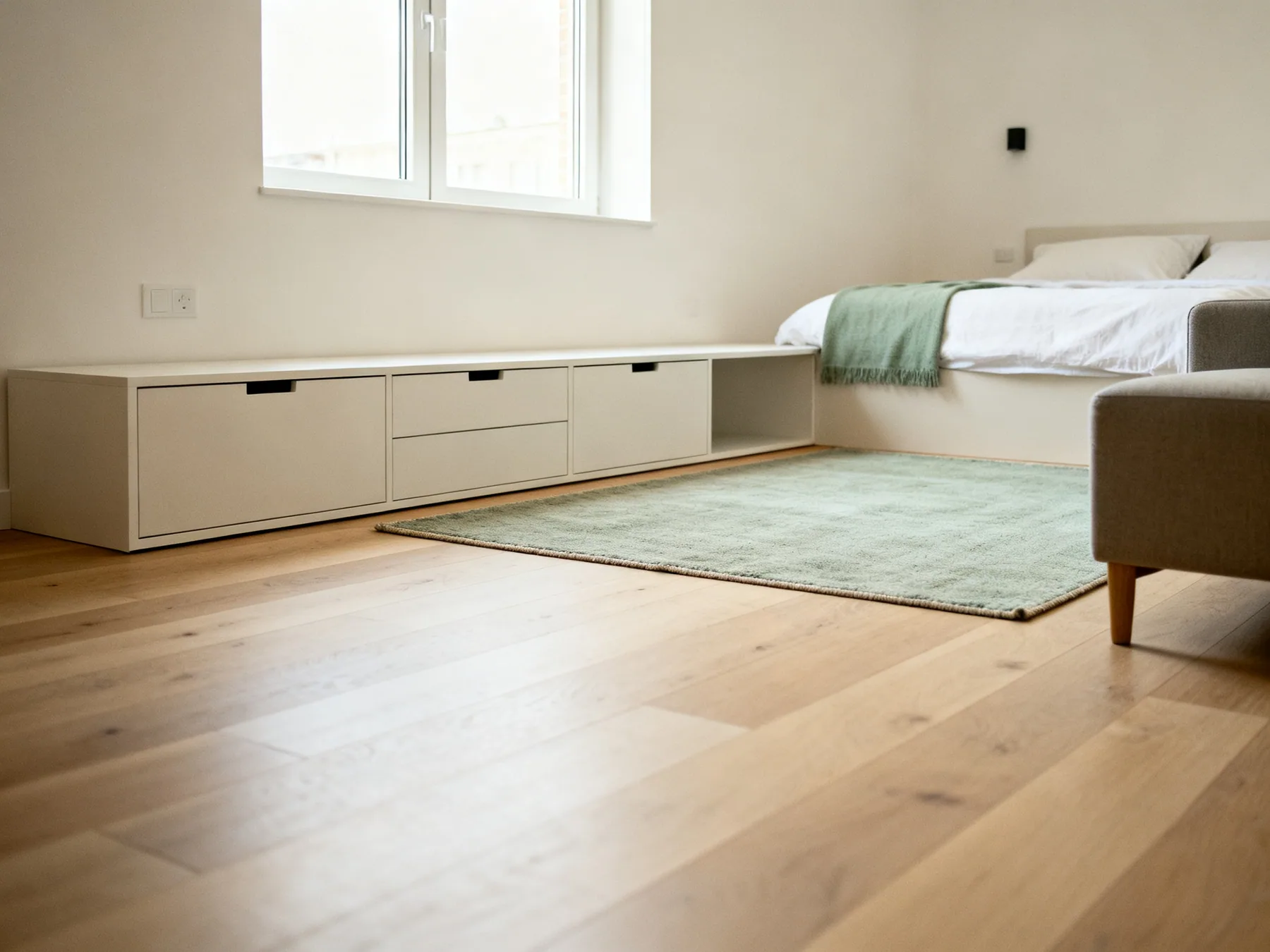 Storage is how a studio gets rooms A studio apartment where a low storage unit and a rug separate the sleeping area from the living area within one room