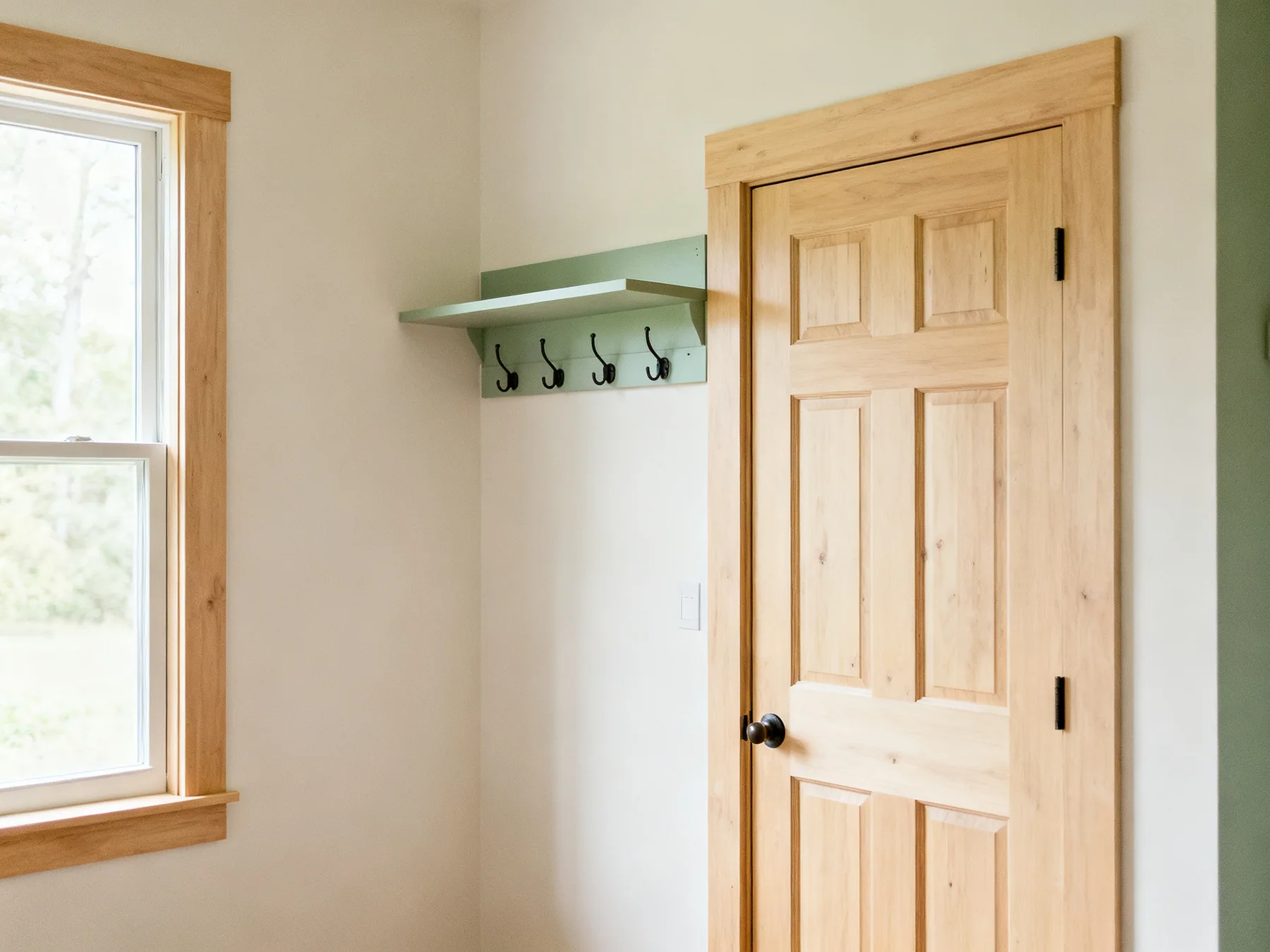 Above the door and behind it A studio wall using full height with a shelf above the door and a hook rack on the back of the door itself
