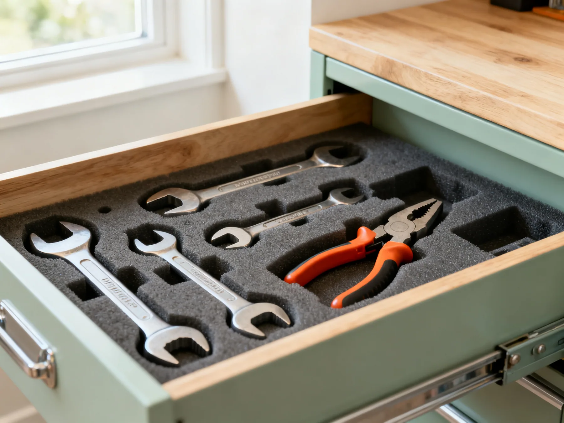 Foam for precision tools A shallow tool chest drawer from above with foam cut to the shape of each tool, spanners and pliers seated in recesses