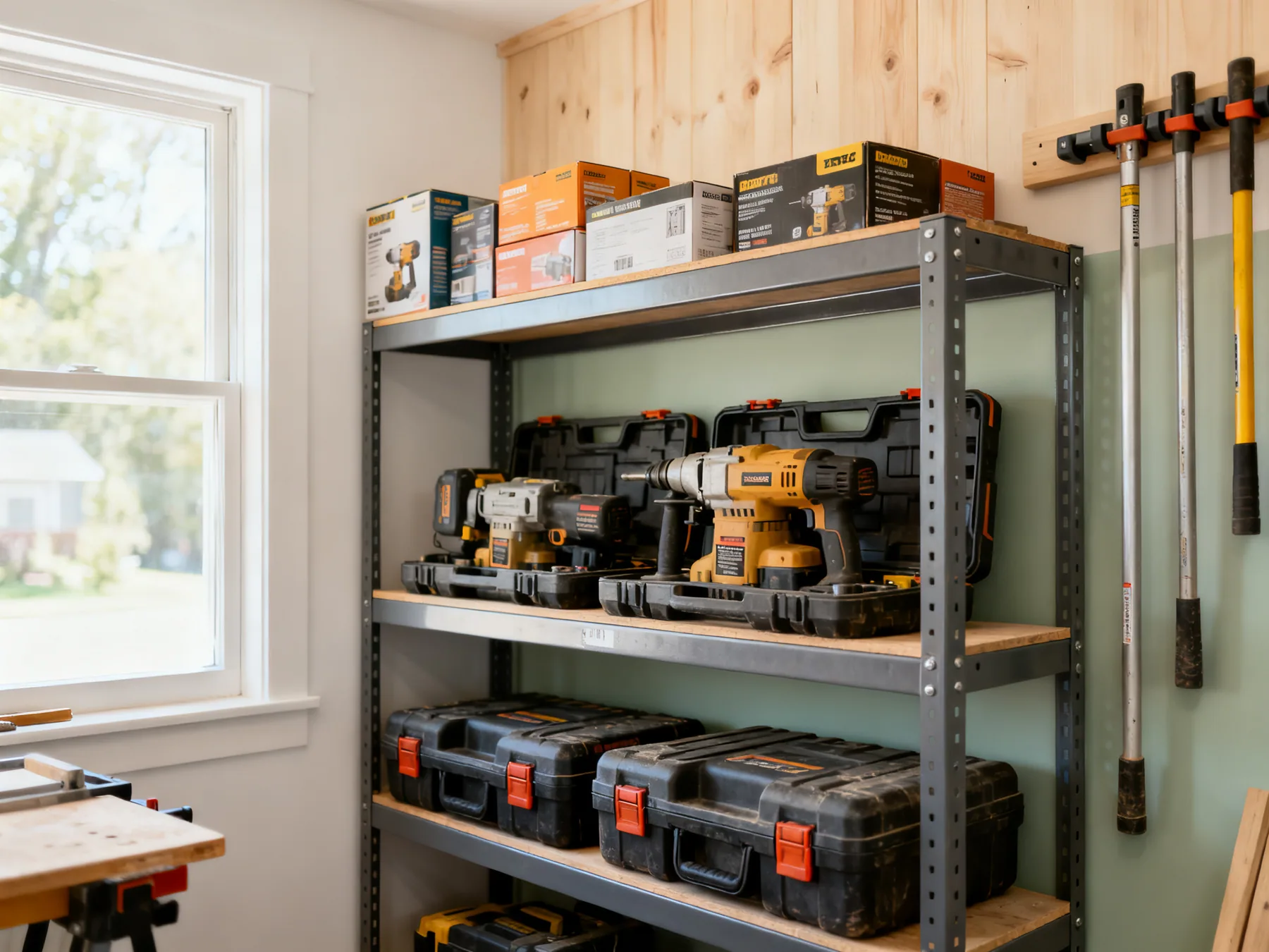 Heavy low, long on the wall Steel workshop shelving with heavy power tools in cases on the lowest shelf, lighter boxes above, and long-handled tools on a wall rail