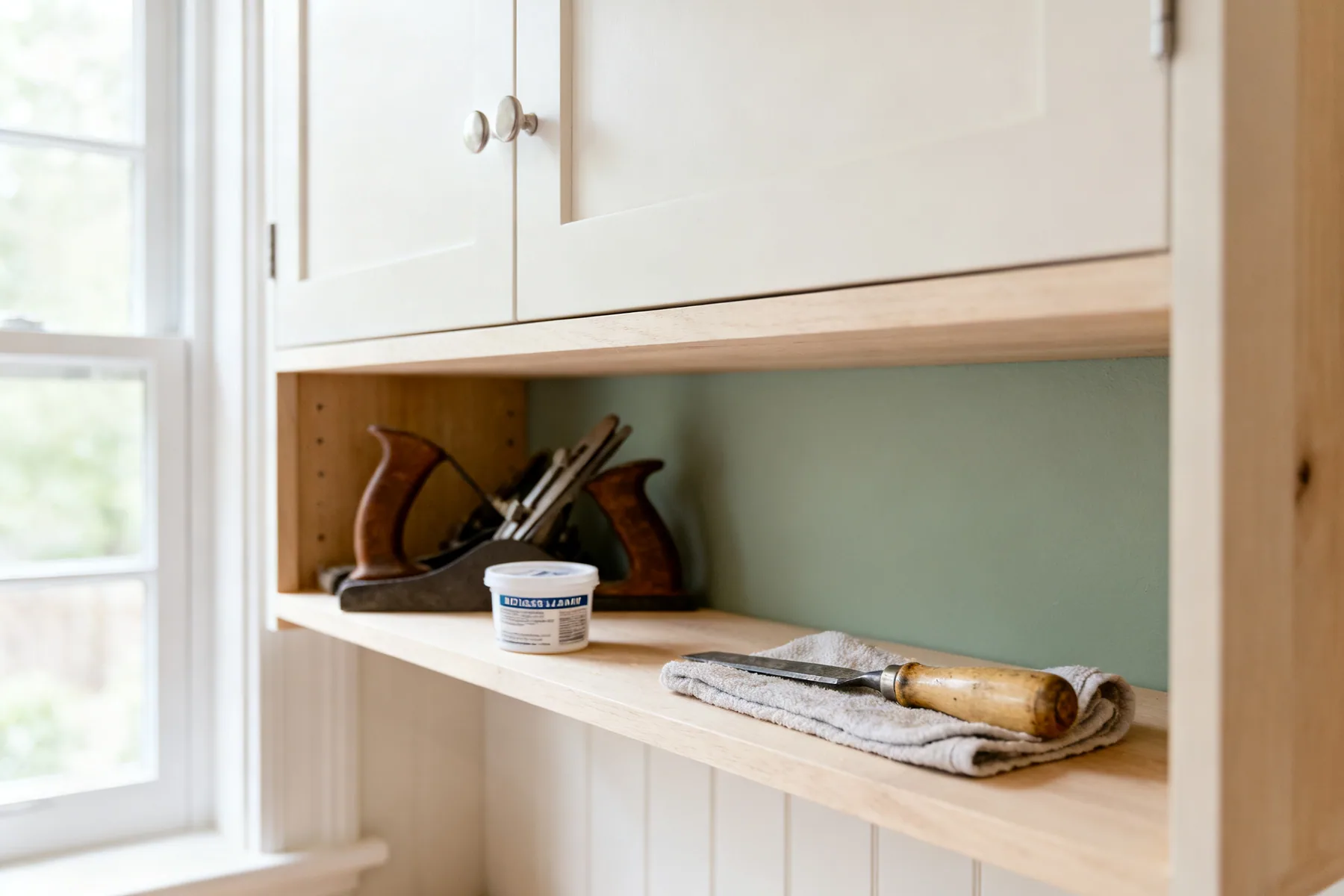 Steel rusts from condensation, not rain Hand tools in a dry closed cabinet with a desiccant tub on the shelf and a lightly oiled chisel resting on a cloth