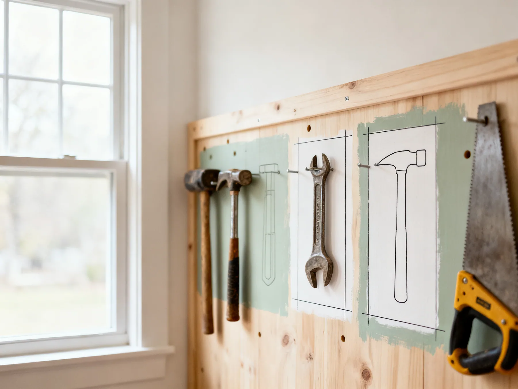 Outlines tell you what is missing A tool board with painted outlines behind each tool and two empty outlines showing which tools are missing
