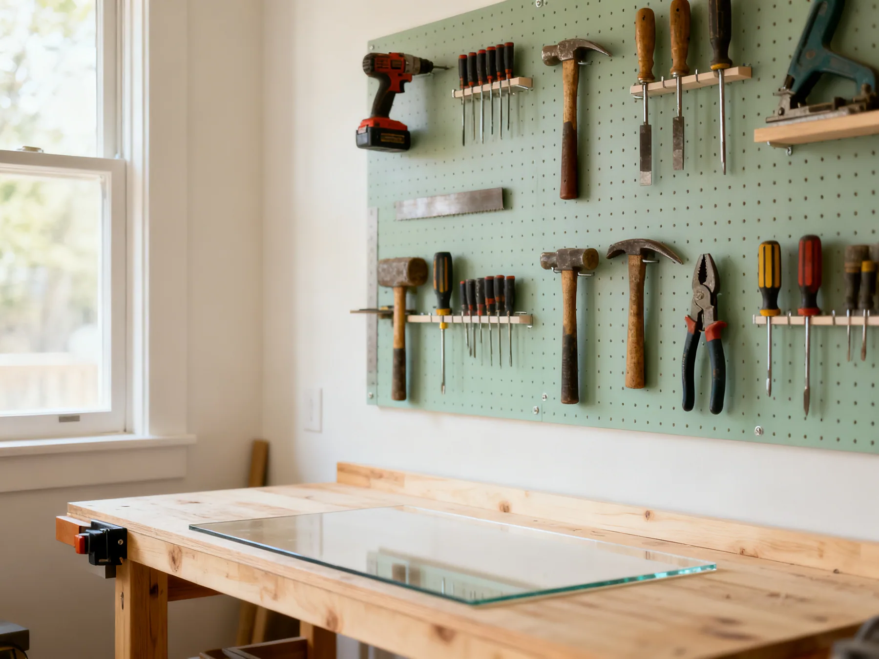 Visible storage is what gets tools put back A workshop pegboard wall holding hand tools arranged in groups, each individually reachable, with a clear workbench below