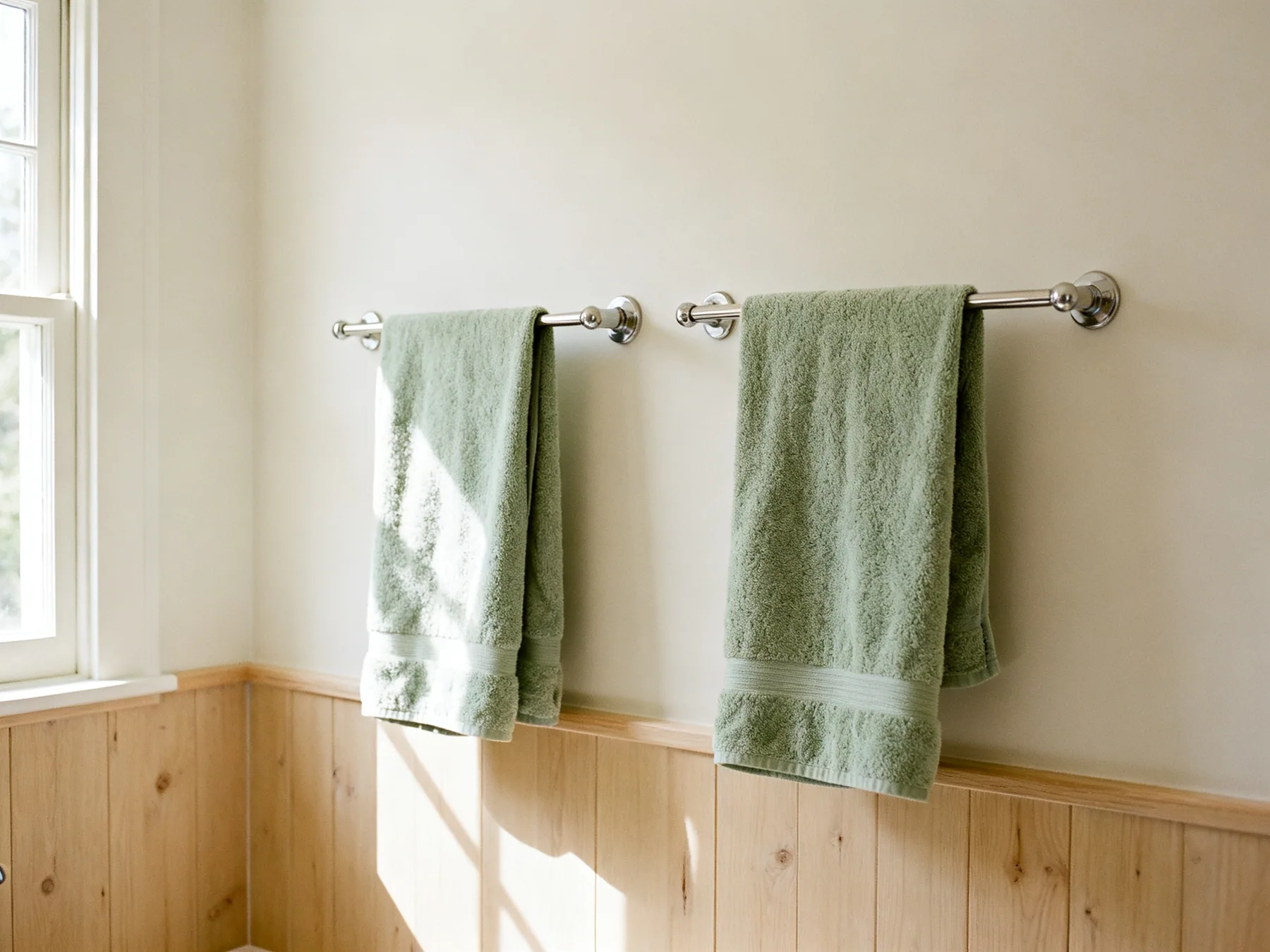One towel per rail, hung open Two bathroom towel rails set apart, each holding one towel hung open with air space either side