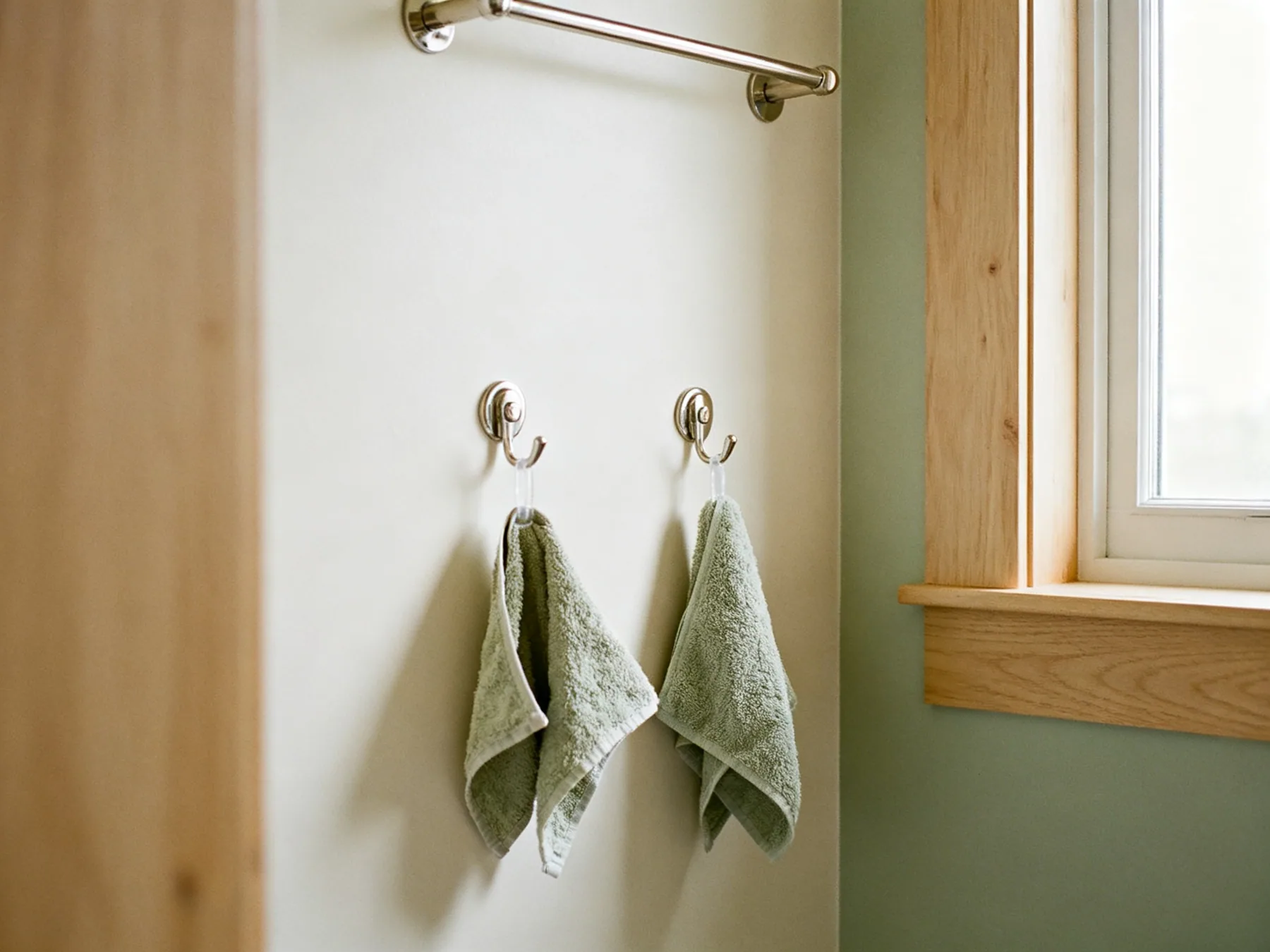 Hooks for children, rails for adults Two wall hooks at child height in a bathroom each holding a small towel hanging open, with an adult rail higher up