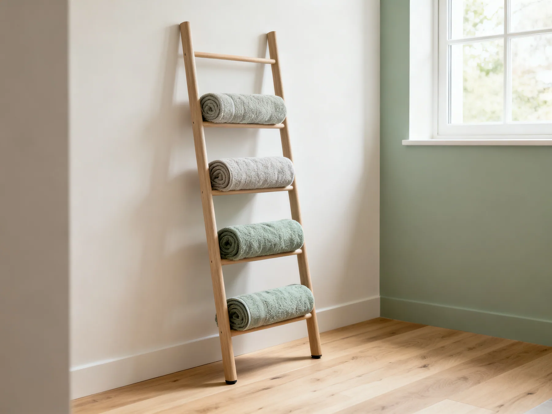 A ladder beats a cupboard for towels A slim leaning towel ladder holding four rolled towels on its rungs, occupying about 400mm of wall