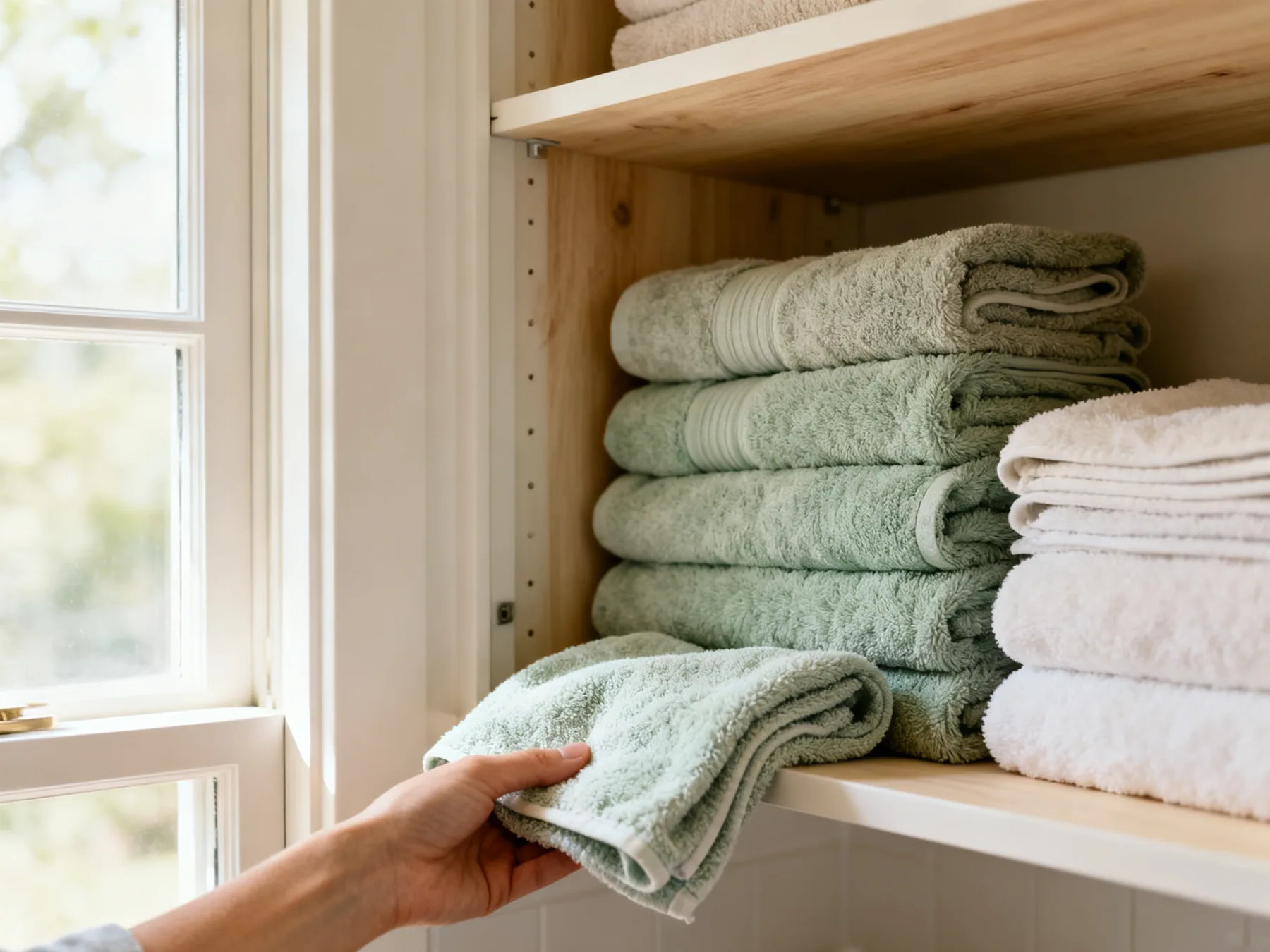 Clean ones go at the bottom An open linen cupboard with towels stacked in labelled groups by size, a hand placing a fresh towel at the bottom of a stack