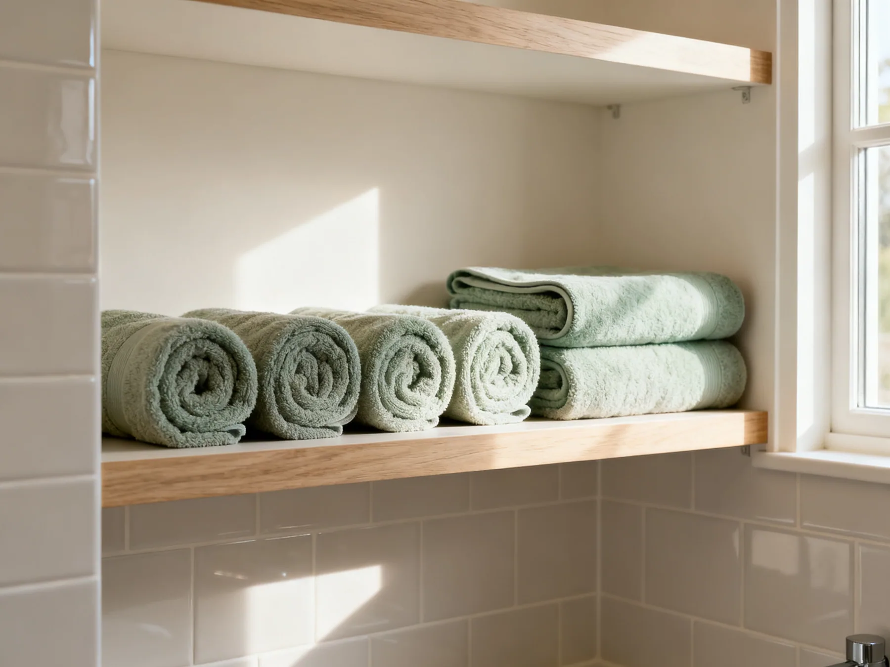 Rolled towels can be taken from the middle An open bathroom shelf holding towels rolled into neat cylinders in a single row, with two folded towels stacked beside them
