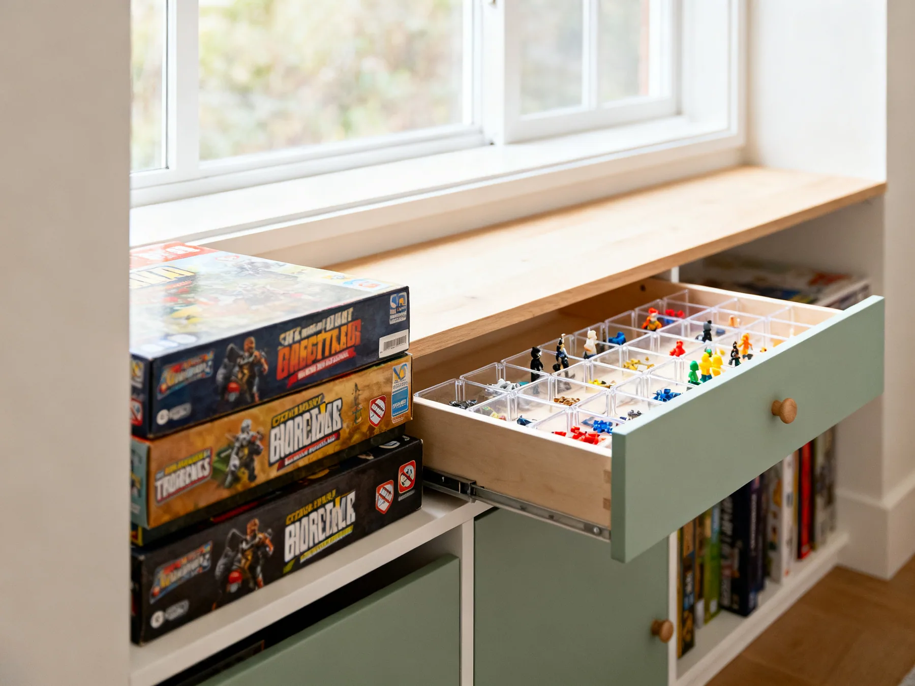 Games flat, small parts compartmentalised A shelf with board game boxes stored flat in a stack beside a shallow drawer unit of small clear compartments holding tiny toy parts and figures