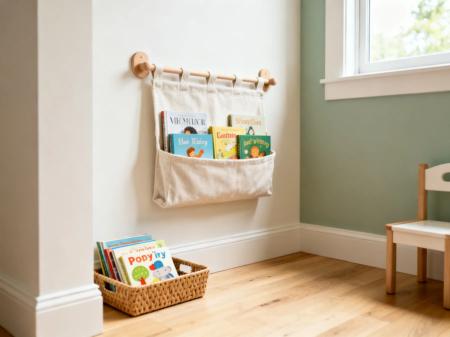 Children choose books by the cover, not the spine A wall-mounted fabric sling bookshelf at child height holding picture books with covers facing forward, beside a low basket of board books