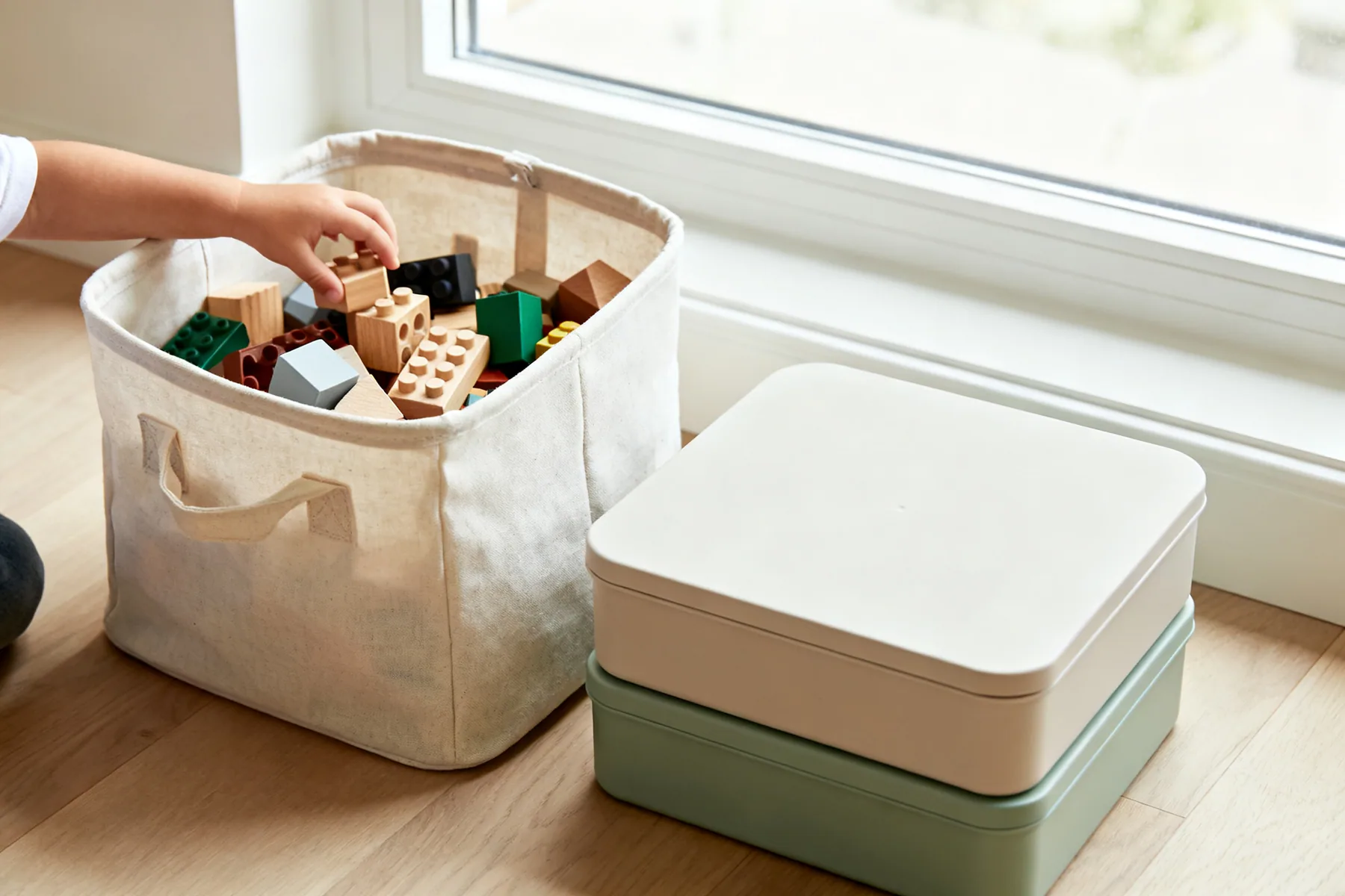 Open bins for daily toys, lids for storage An open-topped fabric bin of building blocks with a child reaching in beside a stacked pair of closed lidded boxes