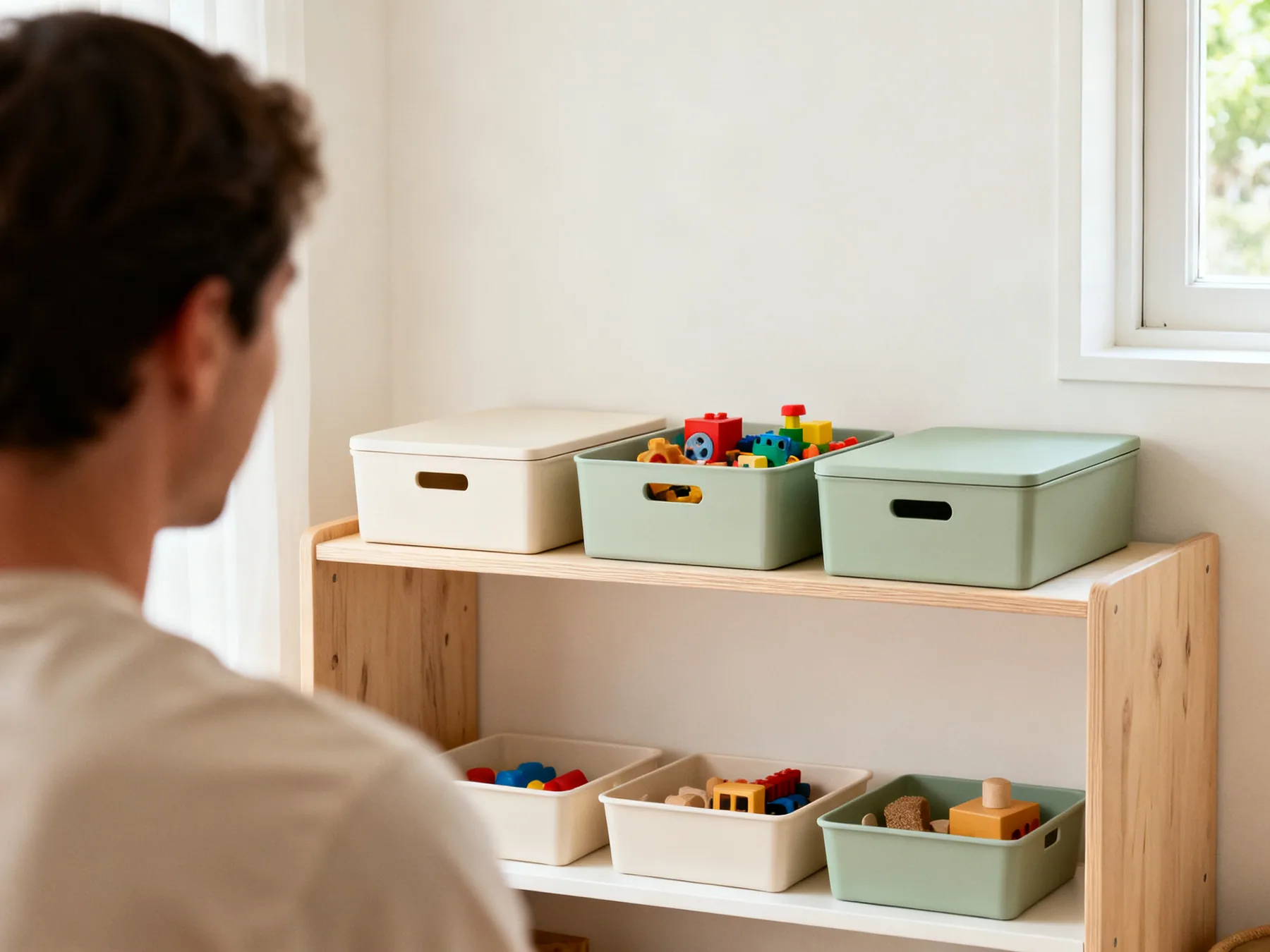 Rotation is the whole trick A high shelf above adult shoulder height holding three labelled lidded boxes of toys, with only a small selection in open bins on the low shelves beneath