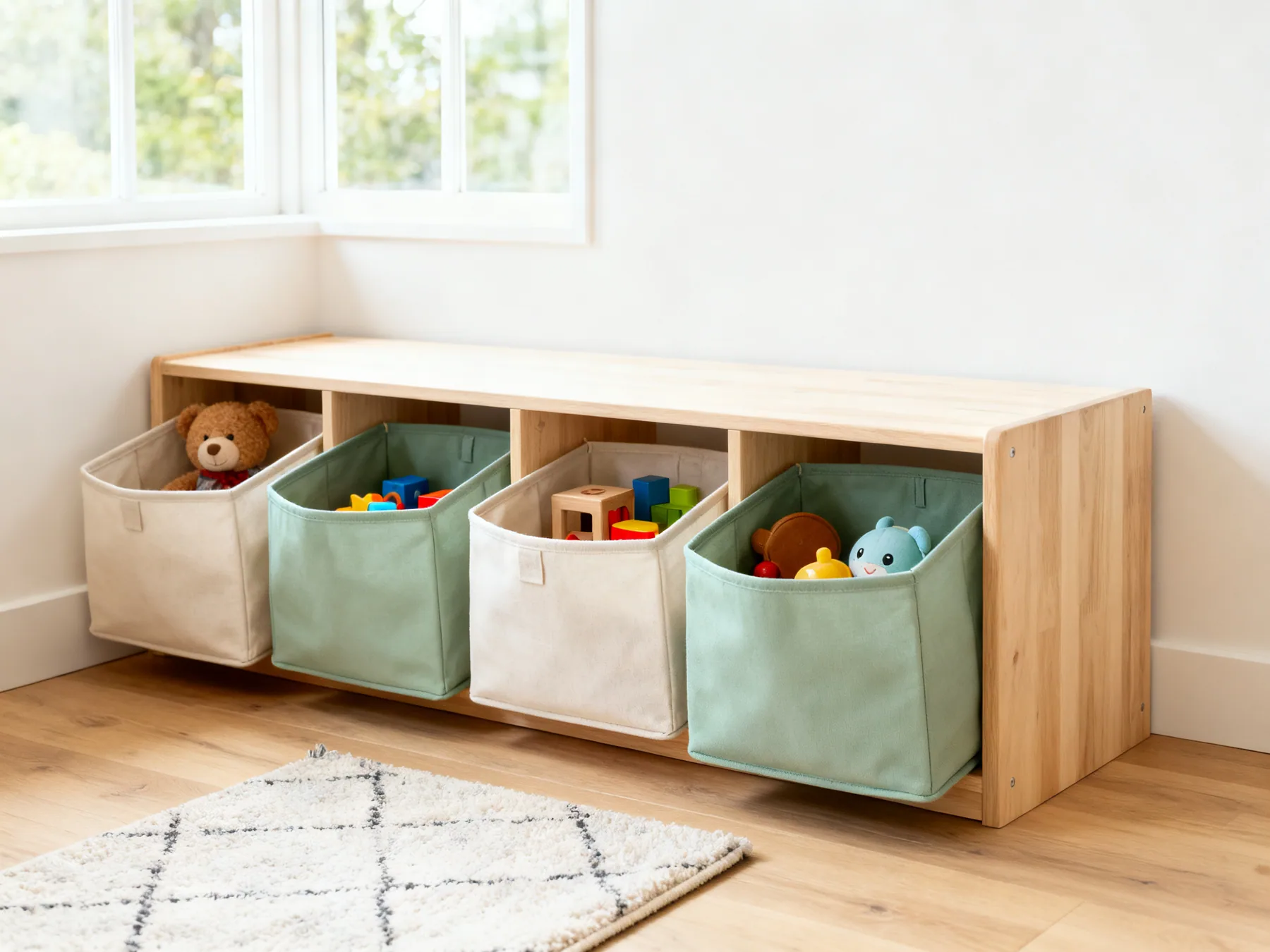 Toy storage that a child can actually reach A child playroom corner with a low wooden unit holding open fabric bins at toddler height, each holding one kind of toy