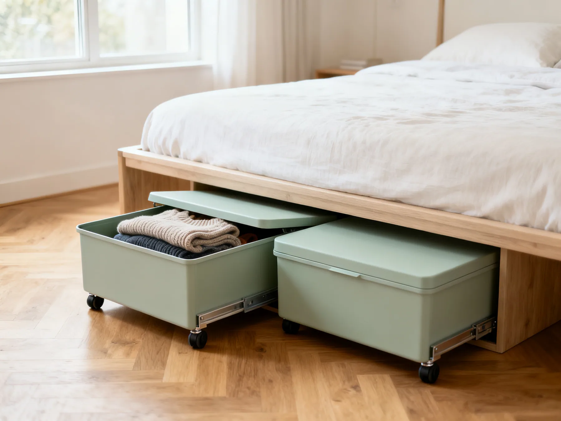 Flat lidded under-bed boxes on castors Two flat lidded storage boxes on castors pulled out from under a double bed, one open showing folded off-season knitwear, with the clear height under the bed frame visible