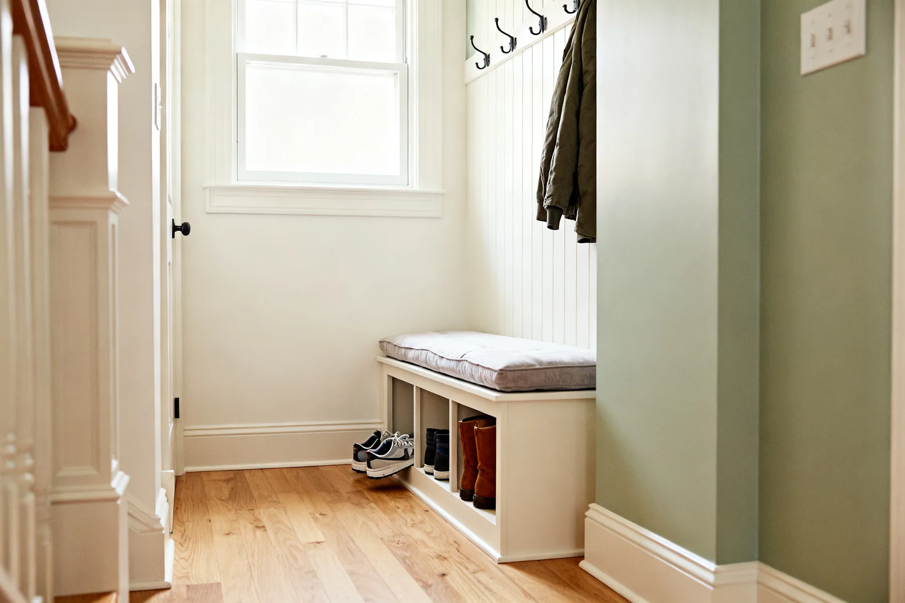 A bench at the shallow end, seat at 450mm A built-in understairs bench with a padded seat and open shoe cubbies beneath holding trainers and boots, with coat hooks on the wall above