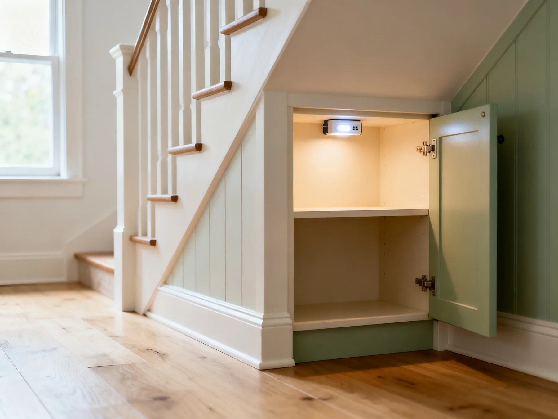 A light changes how much of it you use An under stairs cupboard with a battery LED light inside illuminating the shelves, the interior clearly visible