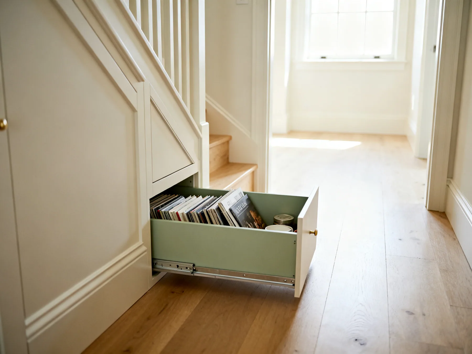 The deep wedge needs a pull-out A slim pull-out unit drawn out of the low end of an under stairs cupboard, bringing the deep wedge contents out into the light