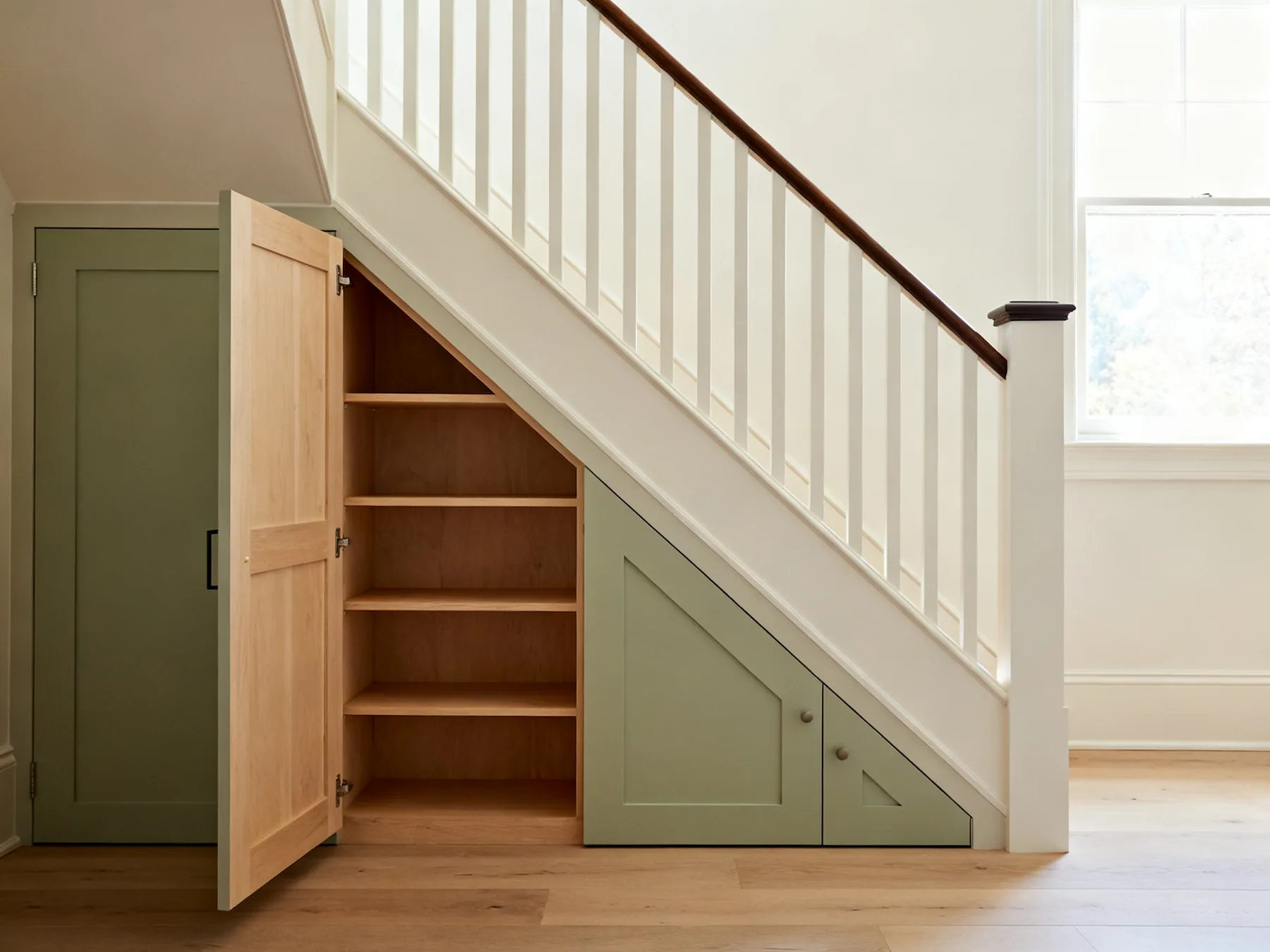 Follow the slope with stepped shelves An under stairs cupboard with the door open, shelves stepped to follow the staircase slope and a rail at the tall end
