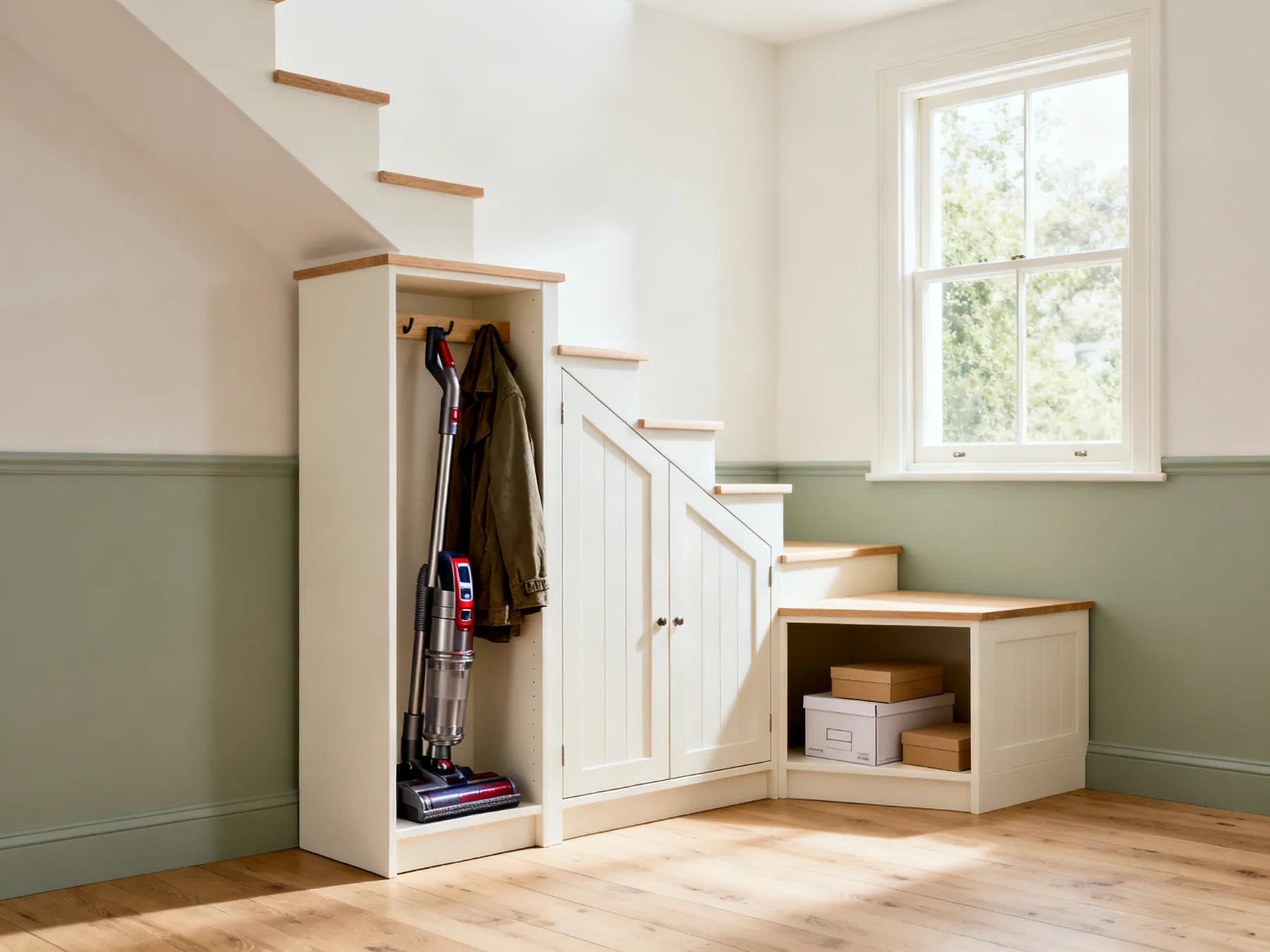 Tall things at the tall end The tall end of an under stairs cupboard holding a vacuum and coats on a short rail, with flat boxes in the low wedge beyond
