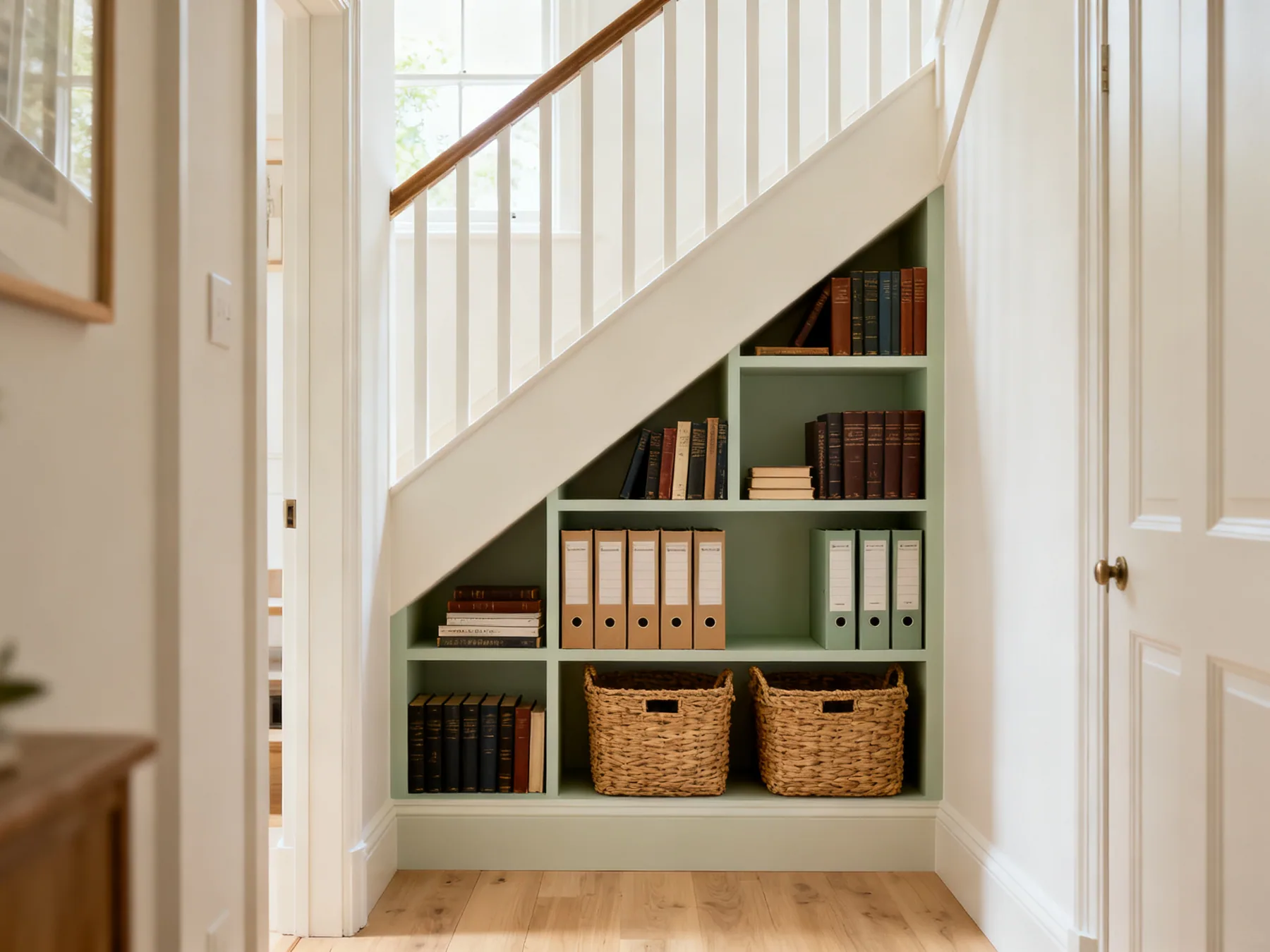 Open shelving stepped to the stair line Open understairs shelving stepped to follow the diagonal of the staircase, holding hardback books, upright box files and two woven baskets