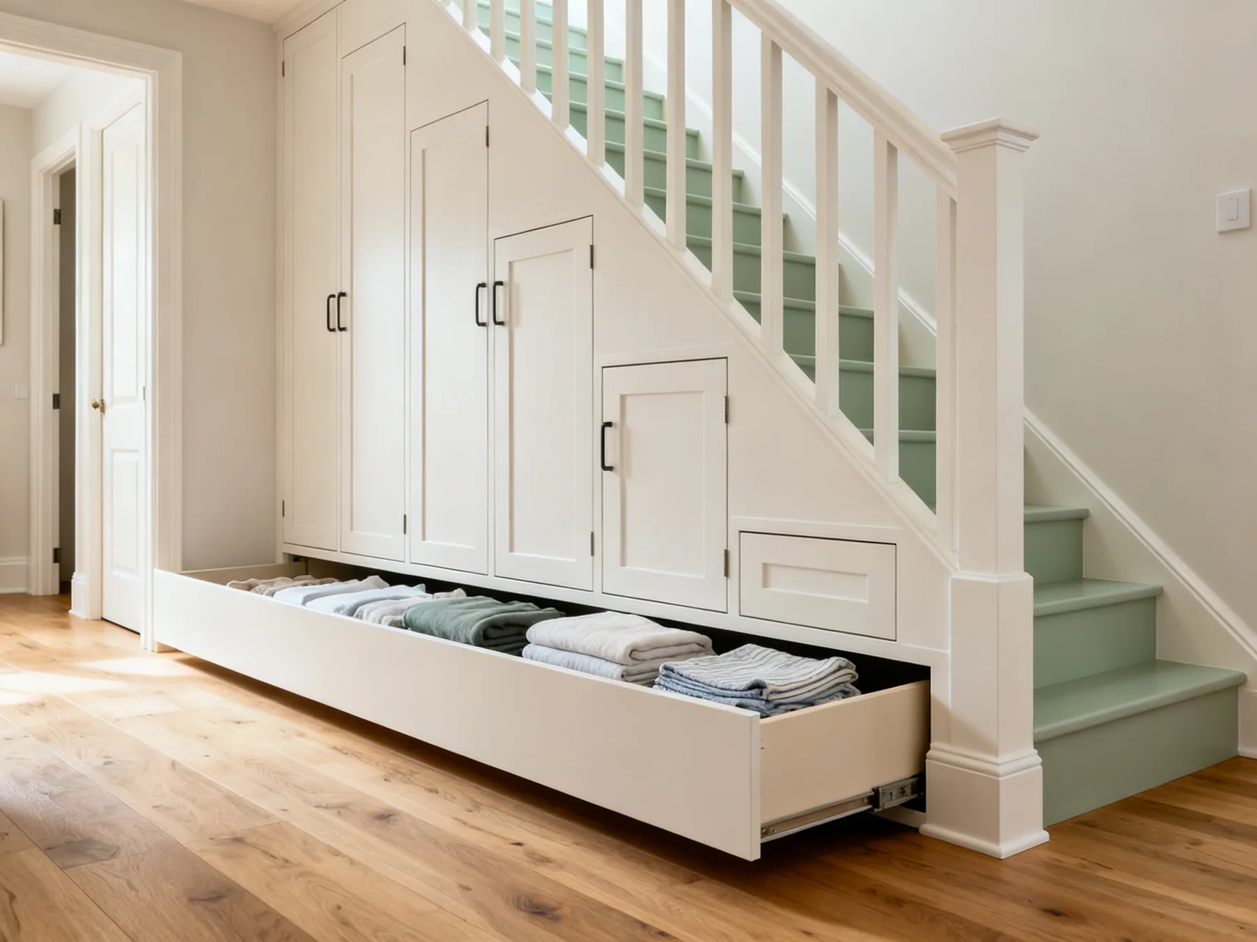 Understairs storage stepped to follow the stair line Storage built into the space under a straight staircase: tall cupboards of decreasing height following the diagonal of the stairs, then a low pull-out drawer at the shallow end, open to show folded linen